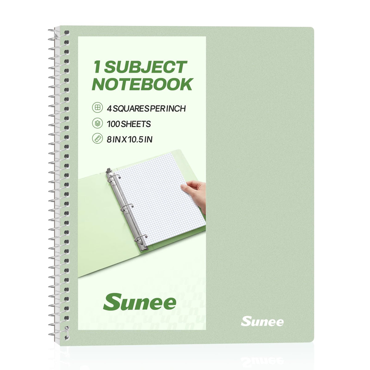 SUNEE Spiral Notebook, 1-Subject, Graph Ruled Paper, 8" x 10-1/2", 100 Sheets per Notebook, 3-Hole Punched Paper, Water Resistant Cover, Spiral Grid Notebooks for Work, Home, School, Writing, Pink