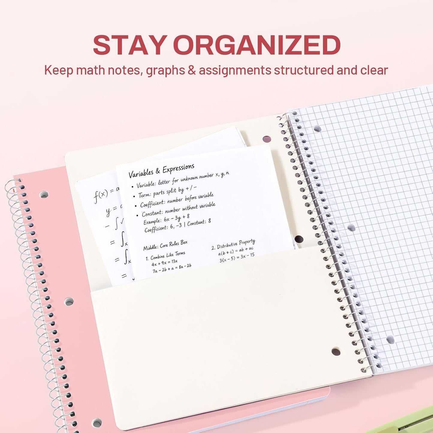 SUNEE Spiral Notebook, 1-Subject, Graph Ruled Paper, 8" x 10-1/2", 100 Sheets per Notebook, 3-Hole Punched Paper, Water Resistant Cover, Spiral Grid Notebooks for Work, Home, School, Writing, Pink