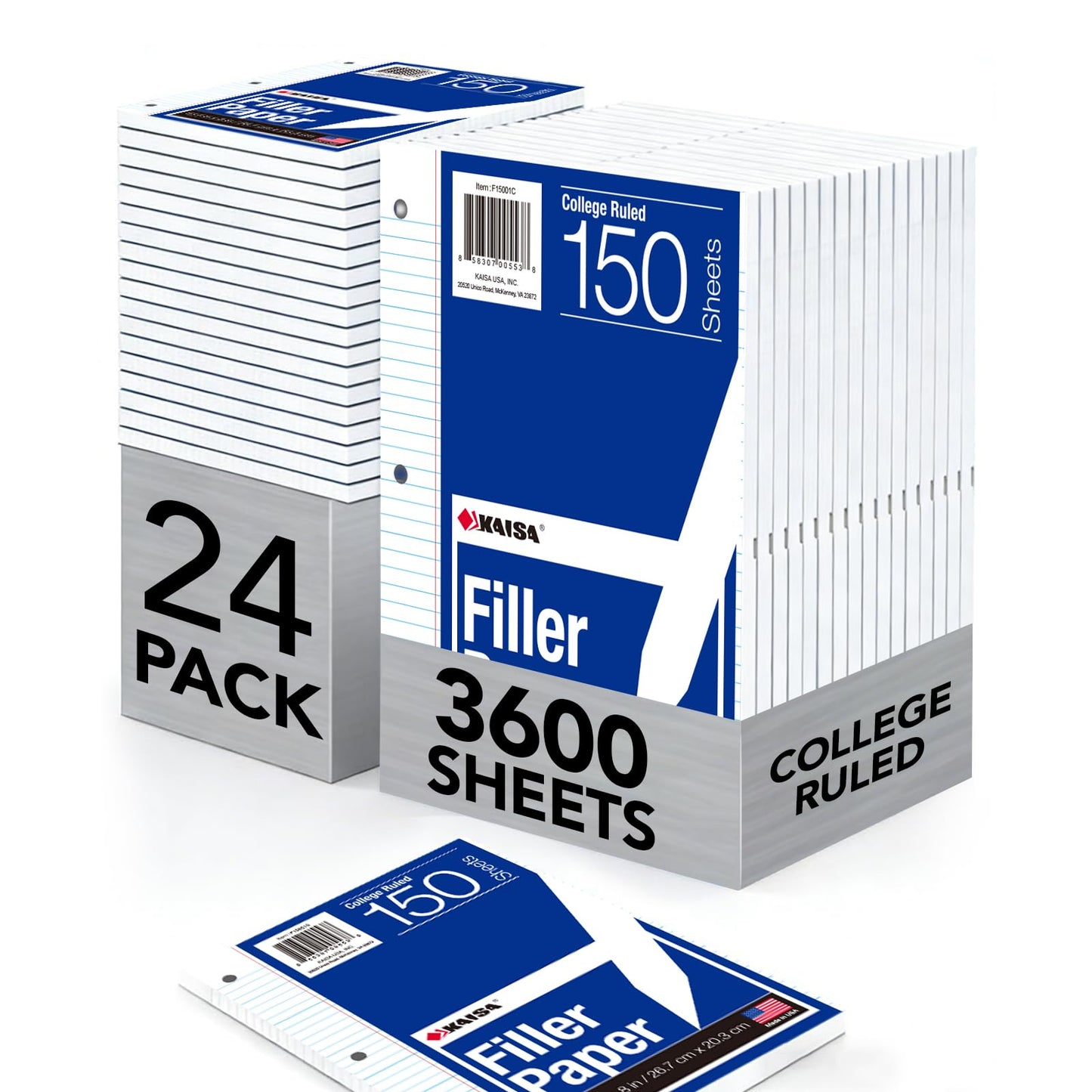 Kaisa Graph Paper Filler Paper USA-Made Bulk Wholesale Available 3 Pack 4x4 Quad Rule 3-Hole Punched Loose Leaf Paper 8x10.5 Filler Paper for 3-Ring Binder, 150 Sheets/Pack