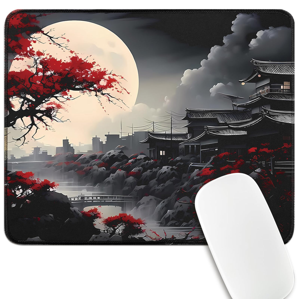FreeNook Large Gaming Mouse Pad, Anime Black Mousepad with Stitched Edges, Expanded Cool Desk Mat, Japanese Red Moon XL Keyboard Mat Suitable for Home Office,31.5 X 11.8 Inch