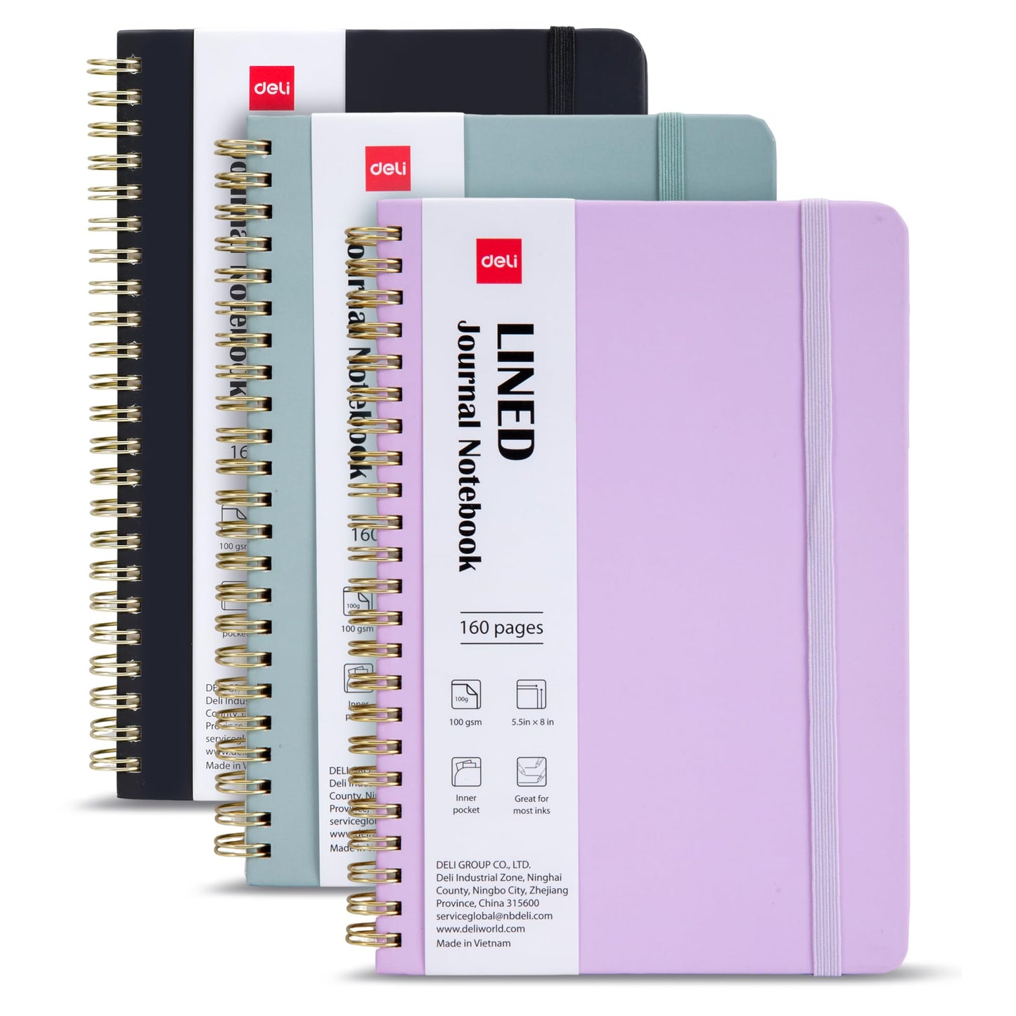 deli 3 Pack Lined Spiral Journal Notebook, 160 Pages, A5 (5.5"x8") Hardcover Writing Notebook, College Ruled Spiral Bound Journal for Women & Men - Perfect for Work, School, Office & Note Taking