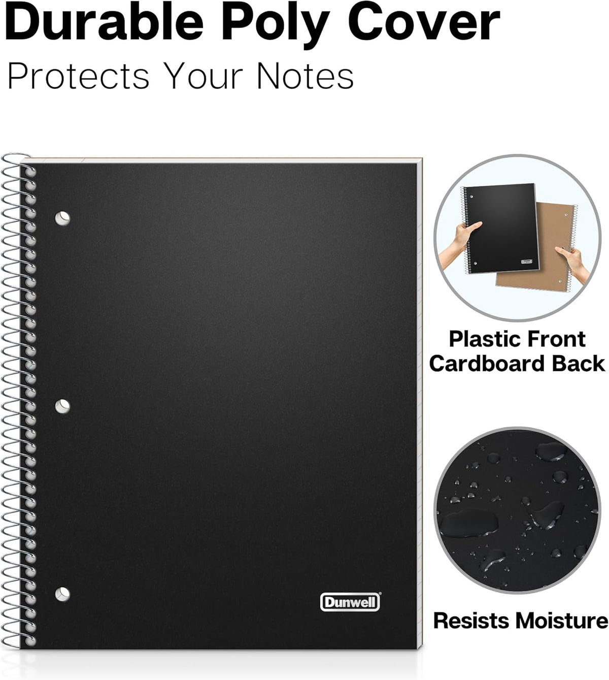 Dunwell 1-Subject College Ruled Spiral Notebook 8.5x11, 100 Sheets, Black | Plastic Cover, Pocket Divider, 3-Hole Punched, Perforated Pages, Fits 8.5x11 Paper
