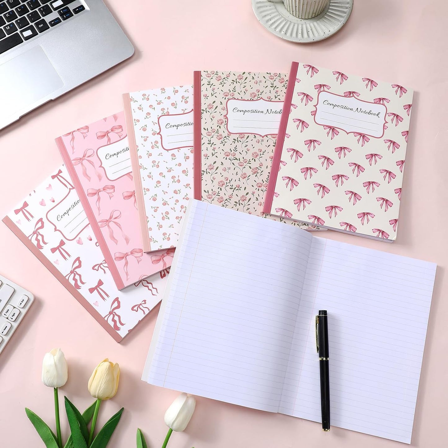 Fullhawl 6 Pack Pink Composition Notebook College Ruled | Back to School Supplies 110 Pages Note Taking, 9-3/4 x 7-1/2"Inch Size, Preppy Aesthetic Design, Cute Journal Office Use
