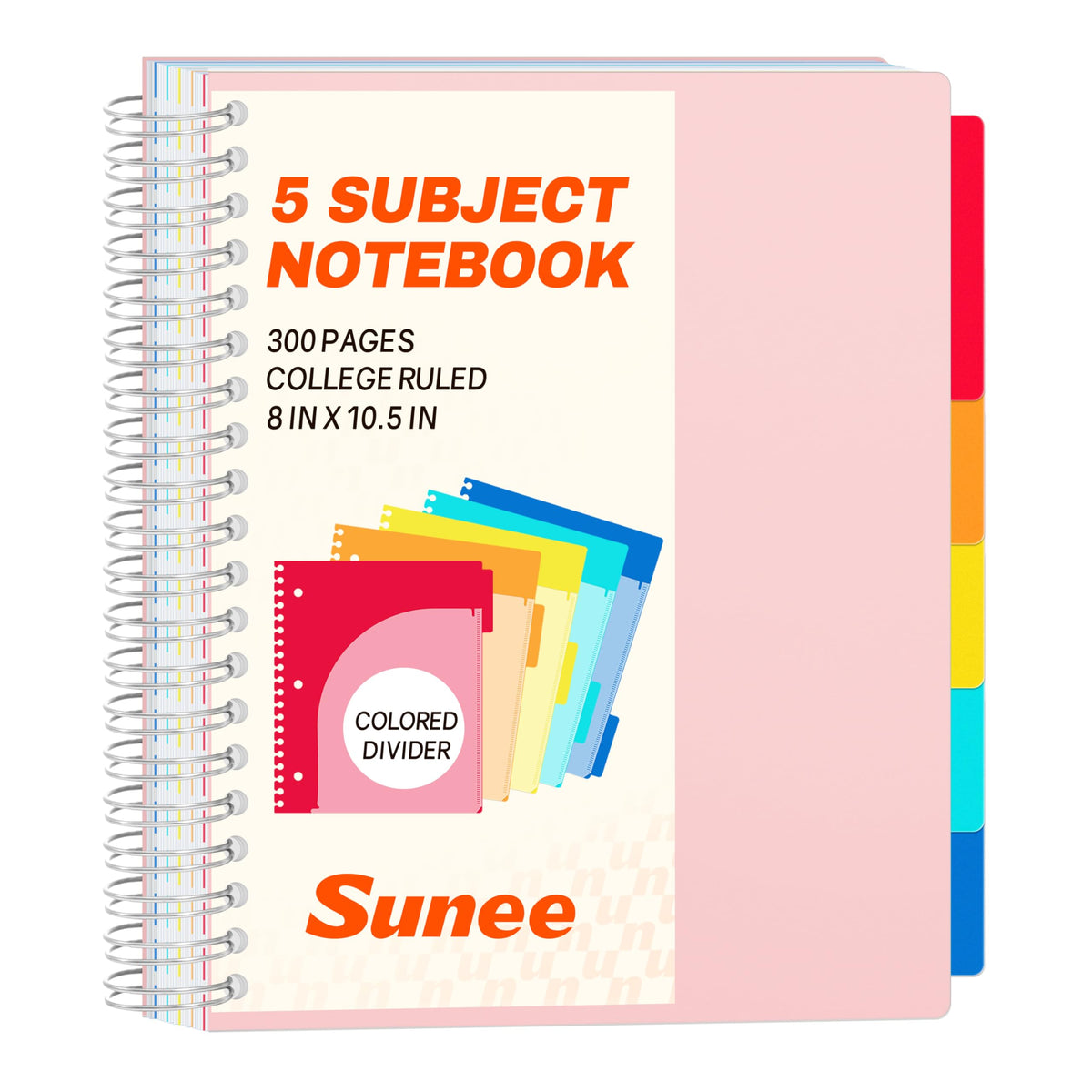 SUNEE Spiral Notebooks for Work with Removable Dividers & Tabs – College Ruled 5 Subject, 300 Pages, 3 Hole Punched, Durable PP Cover, 8"x10.5" – Notebooks for Office or School, Black