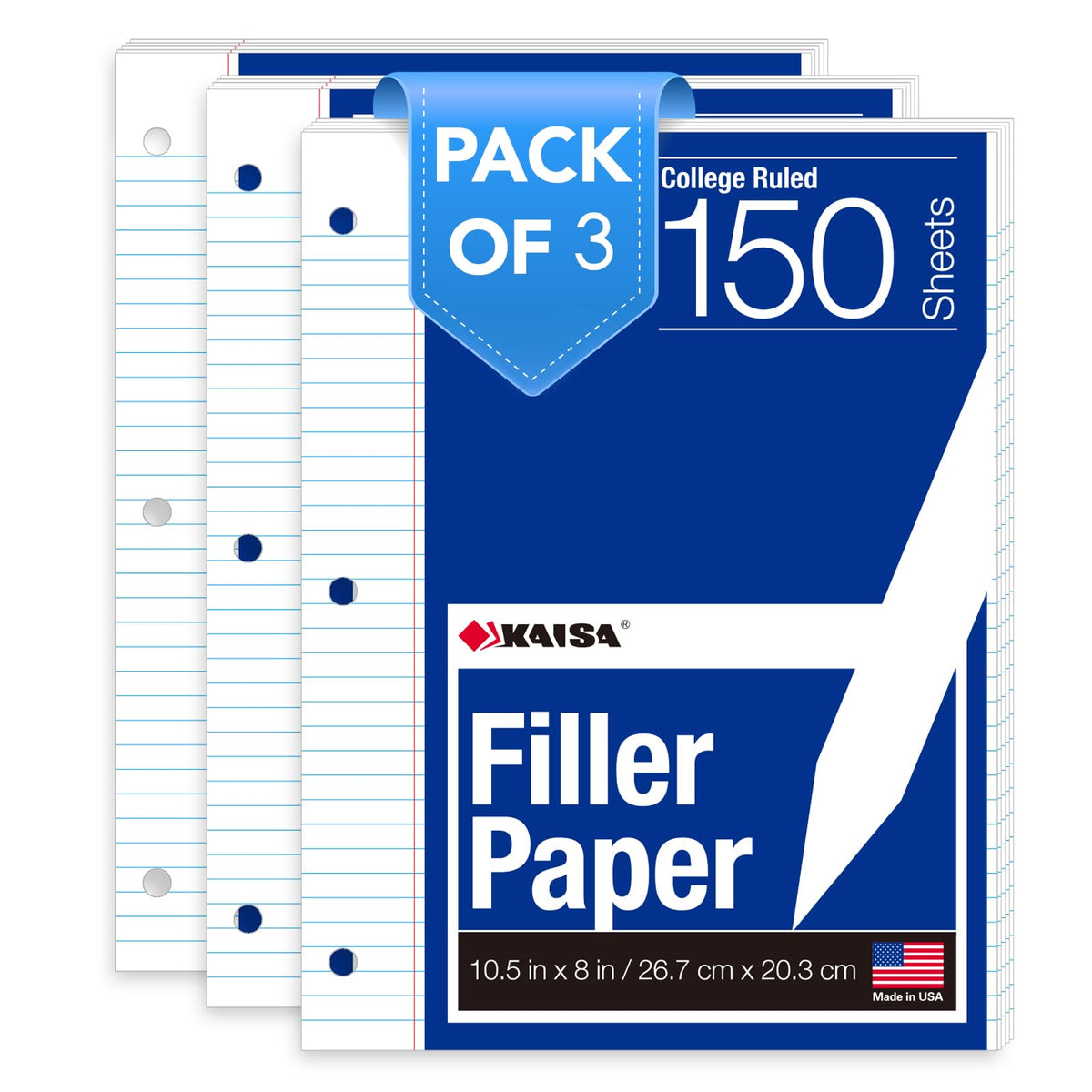 Kaisa Graph Paper Filler Paper USA-Made Bulk Wholesale Available 3 Pack 4x4 Quad Rule 3-Hole Punched Loose Leaf Paper 8x10.5 Filler Paper for 3-Ring Binder, 150 Sheets/Pack