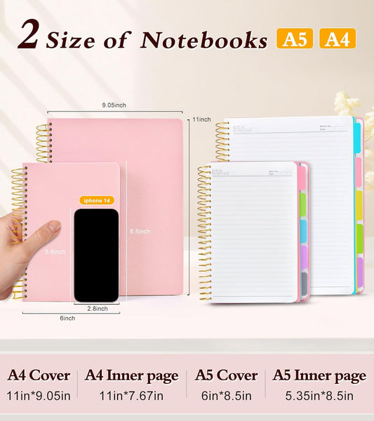 5 Subject Notebook College Ruled 240 Pages, A5(5.8"x8.3") Hardcover Spiral Notebook with Removable Pocket Dividers Tabs, Lined Spiral Journal Notebook for Women, Notebooks for Work School Note taking Pink