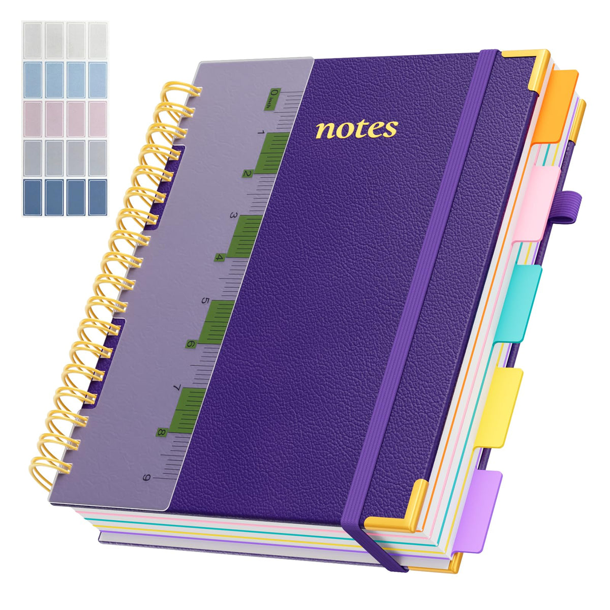 Line Hardcover Spiral Notebook with Removable Dividers Tabs & Ruler, 5 Subject Notebook College Ruled, 300 Page, Large 8"x10" B5 Notebooks for Work School, Lined Journal for Women & Men, Purple