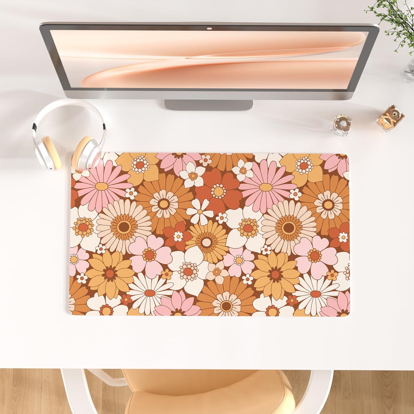 Faux Leather Large Mouse Pad, Office Desk Mat, 31.5"x15.7", Pink Floral | Desk Décor Accessories, Extended Size, Waterproof & Easy to Clean, Smooth Surface, Non Slip Desk Organization