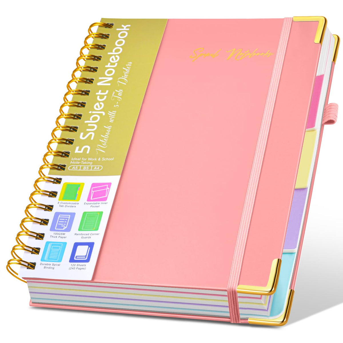 Hardcover Large Spiral Notebook 8.5" x 11" with Removable Dividers Tabs, 300 pages Leather 5 Subject Notebook College Ruled, A4 Journal for Women Men, Notebooks for Work School Note taking,Black