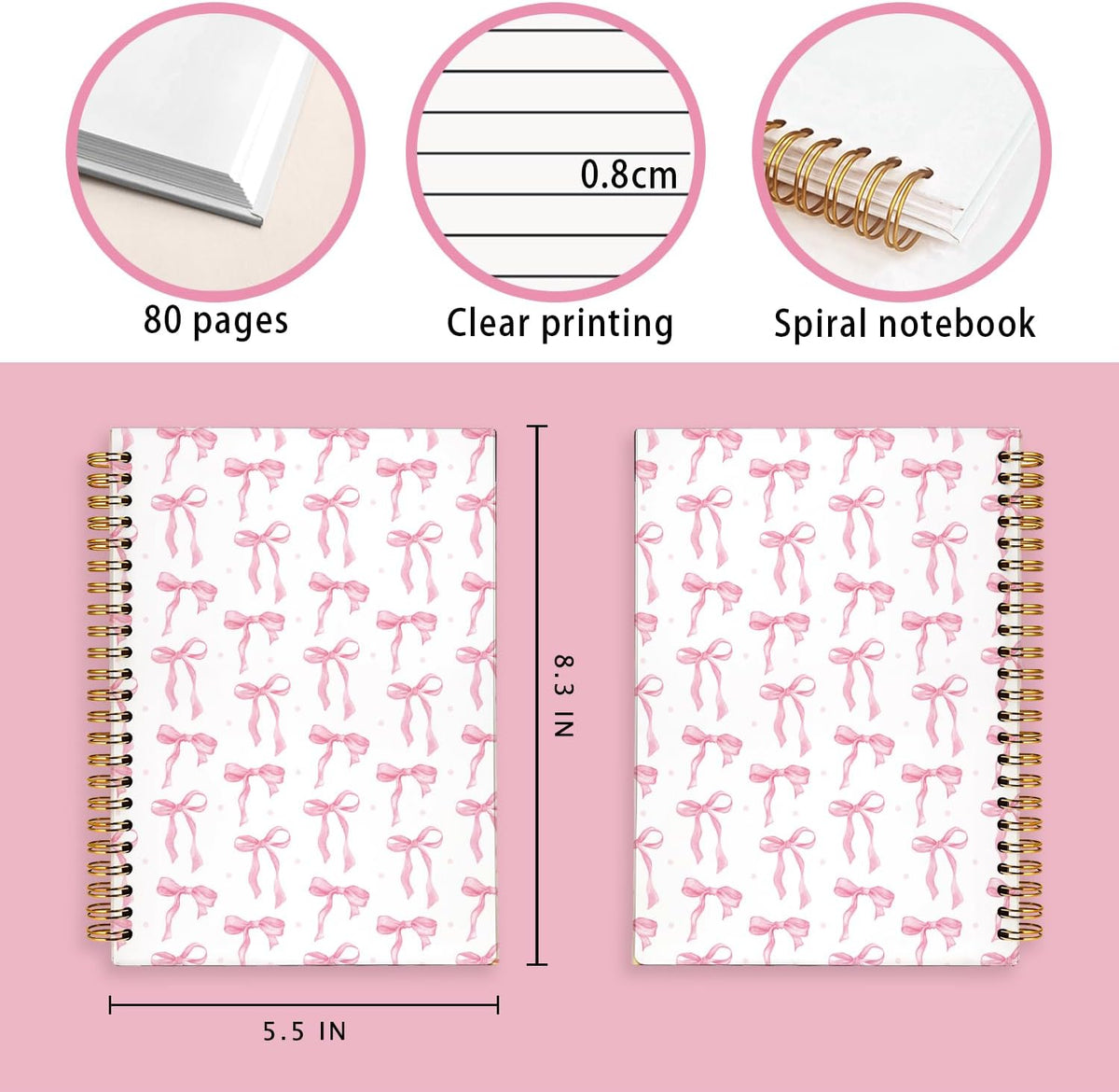 Cute Pink Bow Journal for Teen Girls & Women, Cute School Supplies - Cute Preppy Bow Stuff Birthday Gifts for Women Girls, Coquette Stuff Pink Bow Bible Hardcover Spiral Notebook 5.5x8.3