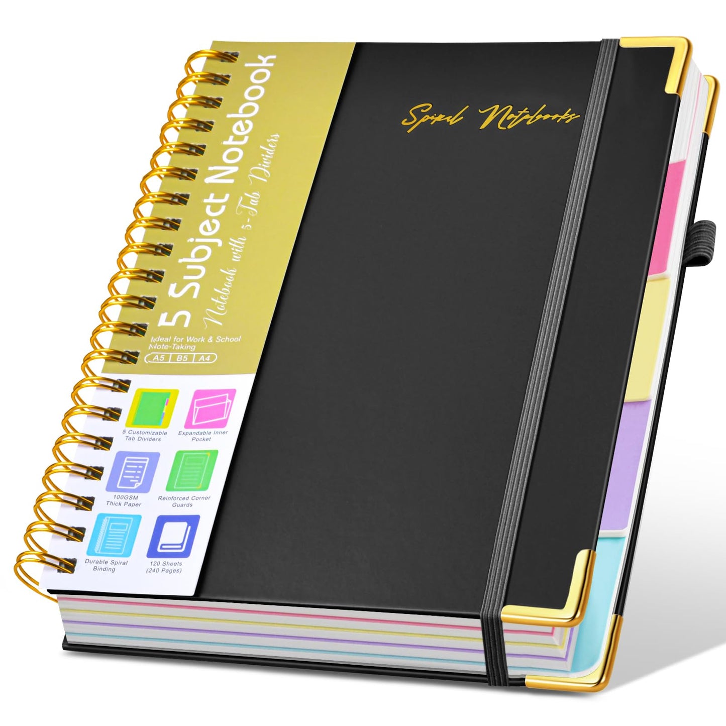 Hardcover Large Spiral Notebook 8.5" x 11" with Removable Dividers Tabs, 300 pages Leather 5 Subject Notebook College Ruled, A4 Journal for Women Men, Notebooks for Work School Note taking,Black