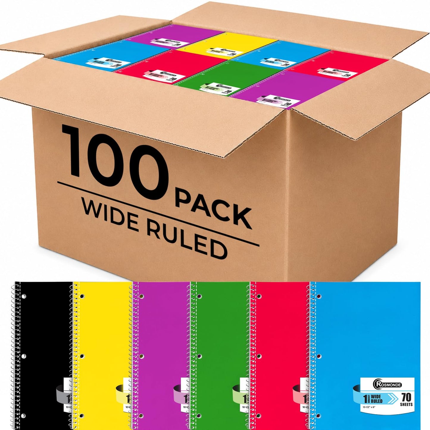 1 Subject Spiral Notebook Bulk, 50 Pack, Wide Ruled, Assorted | Bulk Wide Ruled Notebooks, Thick Paper, 140 Pages (70 Sheets), 8 x 10-1/2", 3 Hole Punched, Bulk Subject Notebook For School
