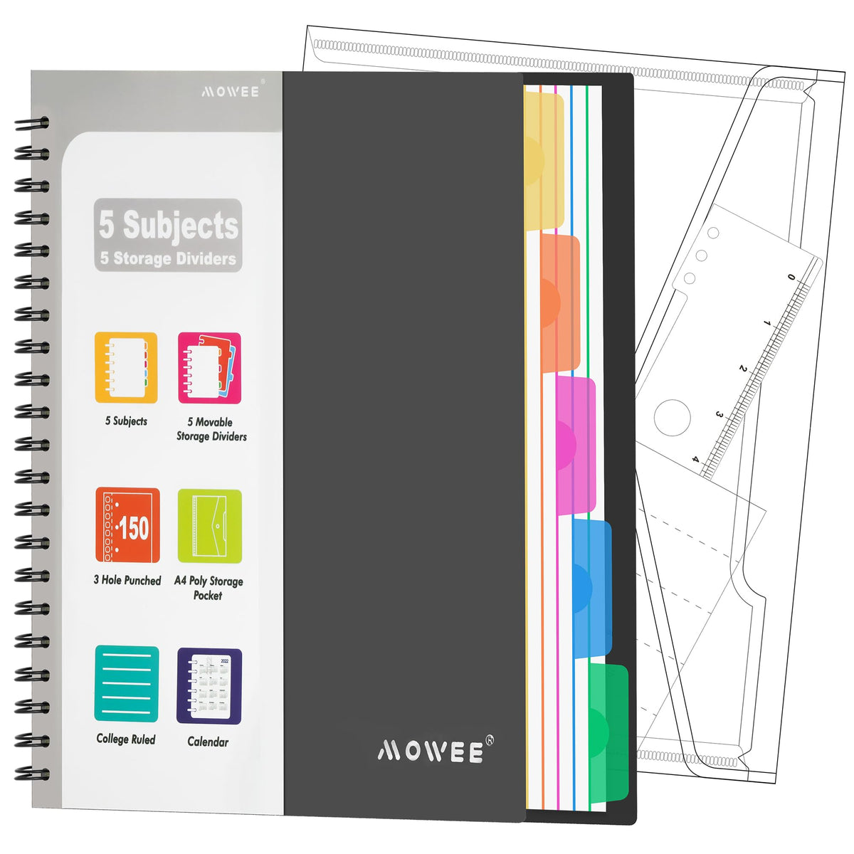 Spiral Notebook - 5 Subject Notebook, College Ruled Notebook With Dividers Pocket, Tabs Label, 11" Ruler, 200 Pages, for Writing Journal, Home & Office, School Supplies, 8.5''x11''Black | 200 Pages, 11" Ruler, 8.5"x11" Black, Pocket Dividers with Tab Labe