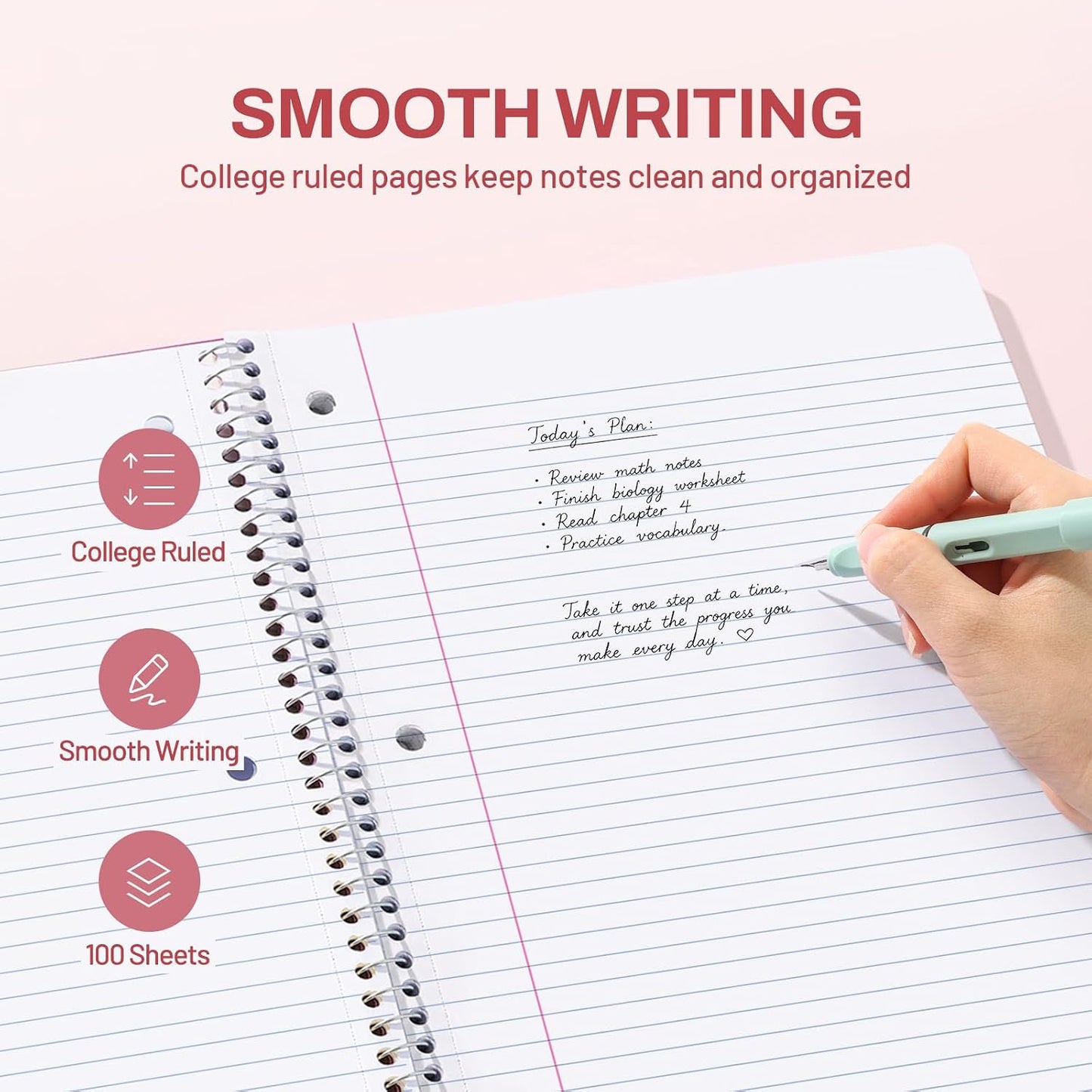 SUNEE Spiral Notebook, 1-Subject, College Ruled Paper, 8" x 10-1/2", 100 Sheets per Notebook, 3-Hole Punched Paper, Water Resistant Cover, Double-sided Pockets, Spiral Lined Notebooks for Work, Pink