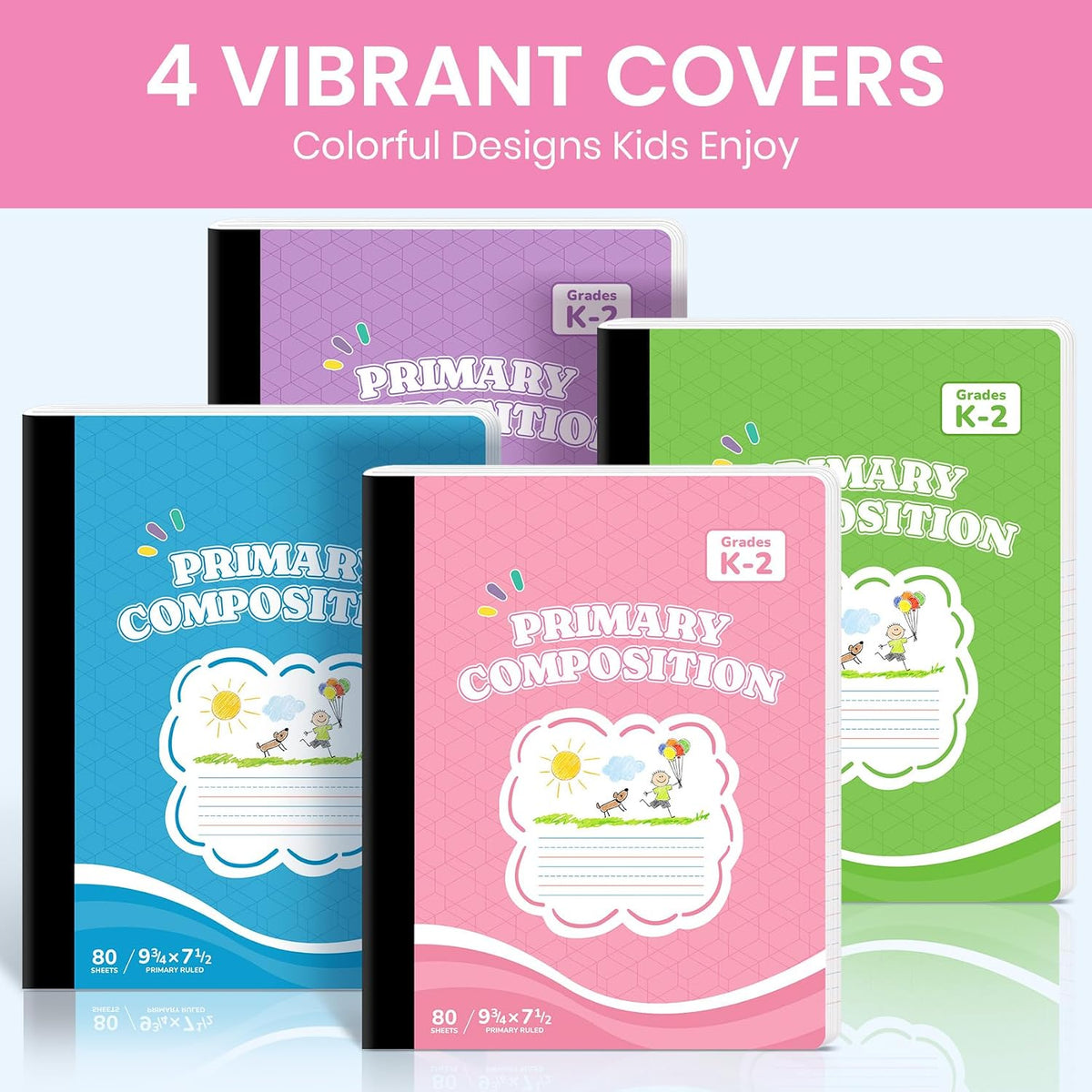 Primary Ruled Composition Notebook K-2, Cute Composition Notebook | 4 Pack 9-3/4" x 7-1/2", 160 Pages (80 Sheets), Pastel Primary Composistion Notebook Perfect for School Office Supplies