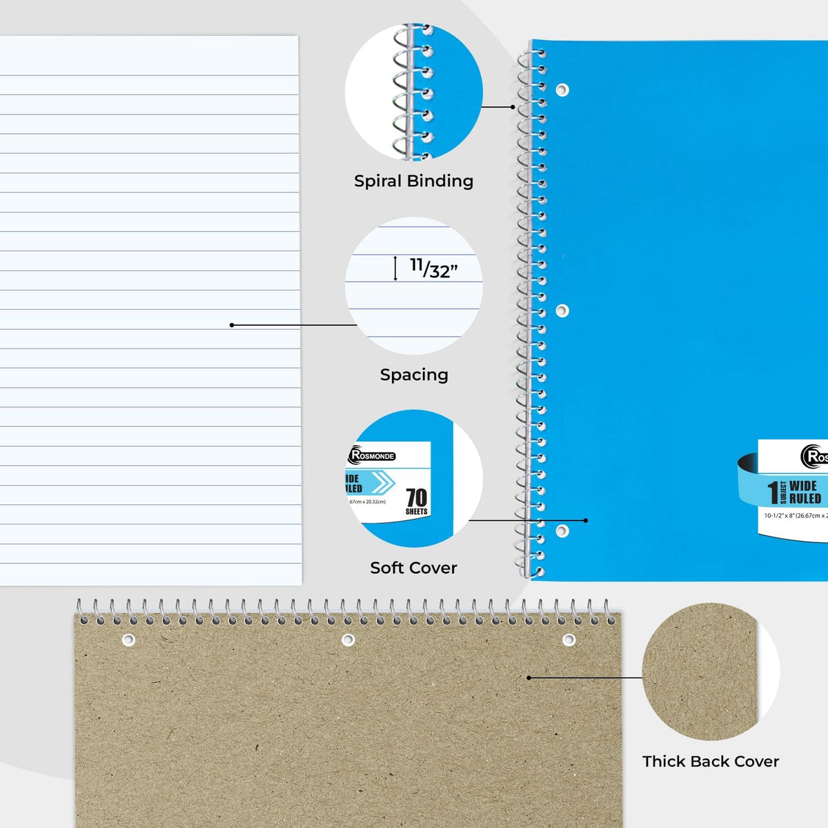 12 Pack Spiral Notebooks, 1 Subject Notebook, Wide Ruled, Assorted | Bulk Wide Ruled Notebooks For School, 70 Sheets (140 Pages), 8 x 10-1/2", 3 Hole Punched, Single Subject Spiral Notebook Bulk