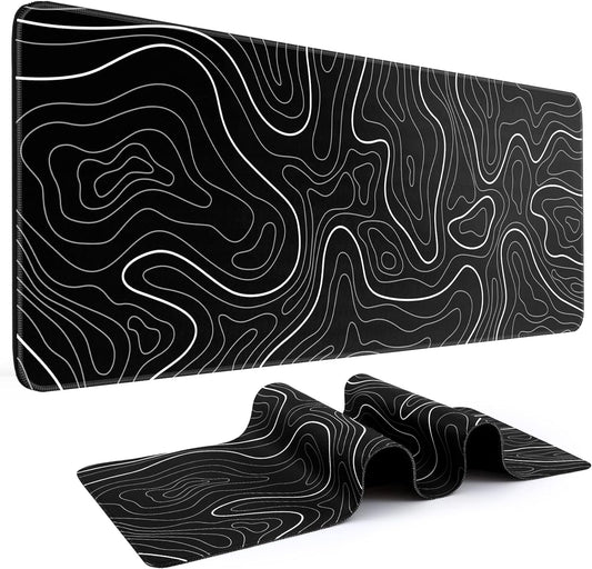 DIGSOM Gaming Mouse Pad, Black with White Topographic Line, 31.5x11.8in | XL Mouse mat, Smooth surface, Anti-slip rubber base, For keyboard and mouse, For home and office use