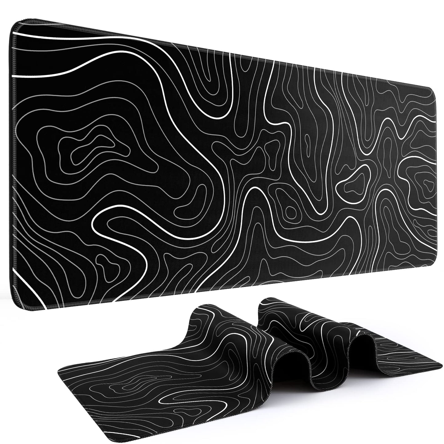 DIGSOM Gaming Mouse Pad, Black with White Topographic Line, 31.5x11.8in | XL Mouse mat, Smooth surface, Anti-slip rubber base, For keyboard and mouse, For home and office use