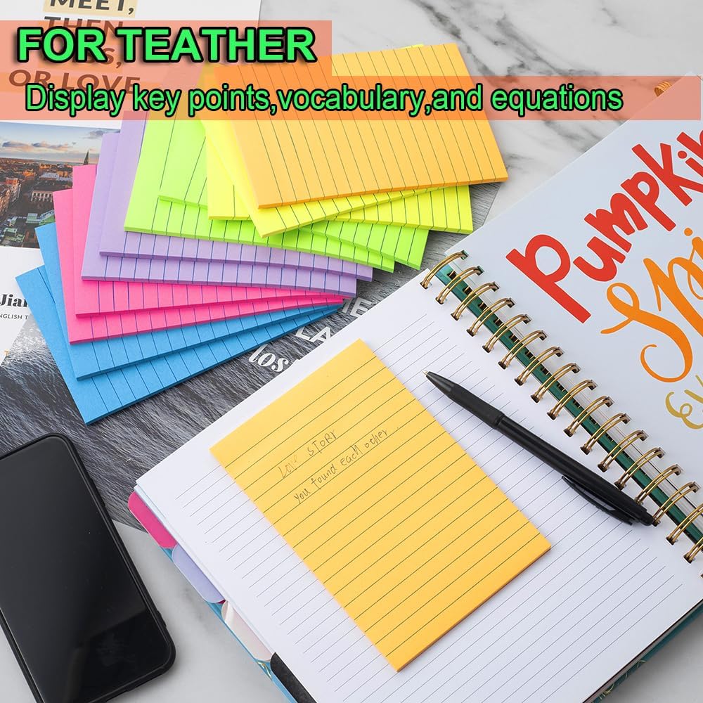 (12 Pack) Lined Sticky Notes 4x6 in,Bright Large Notepads with Lines | Ruled Stickies Super Sticking Power,Office School Memo Note Pads,Post on Windows Doors,Recyclable,Easy to Write on