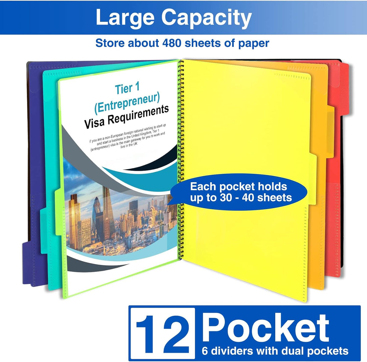 Forvencer 12 Pocket Project Organizer, 1/6-cut Tab Binder Organizer with Sticky Labels, Multi Pocket Folder with Zipper Pouch, Folder Binder Spiral Pocket Notebook, Office Supplies, Letter Size, Black