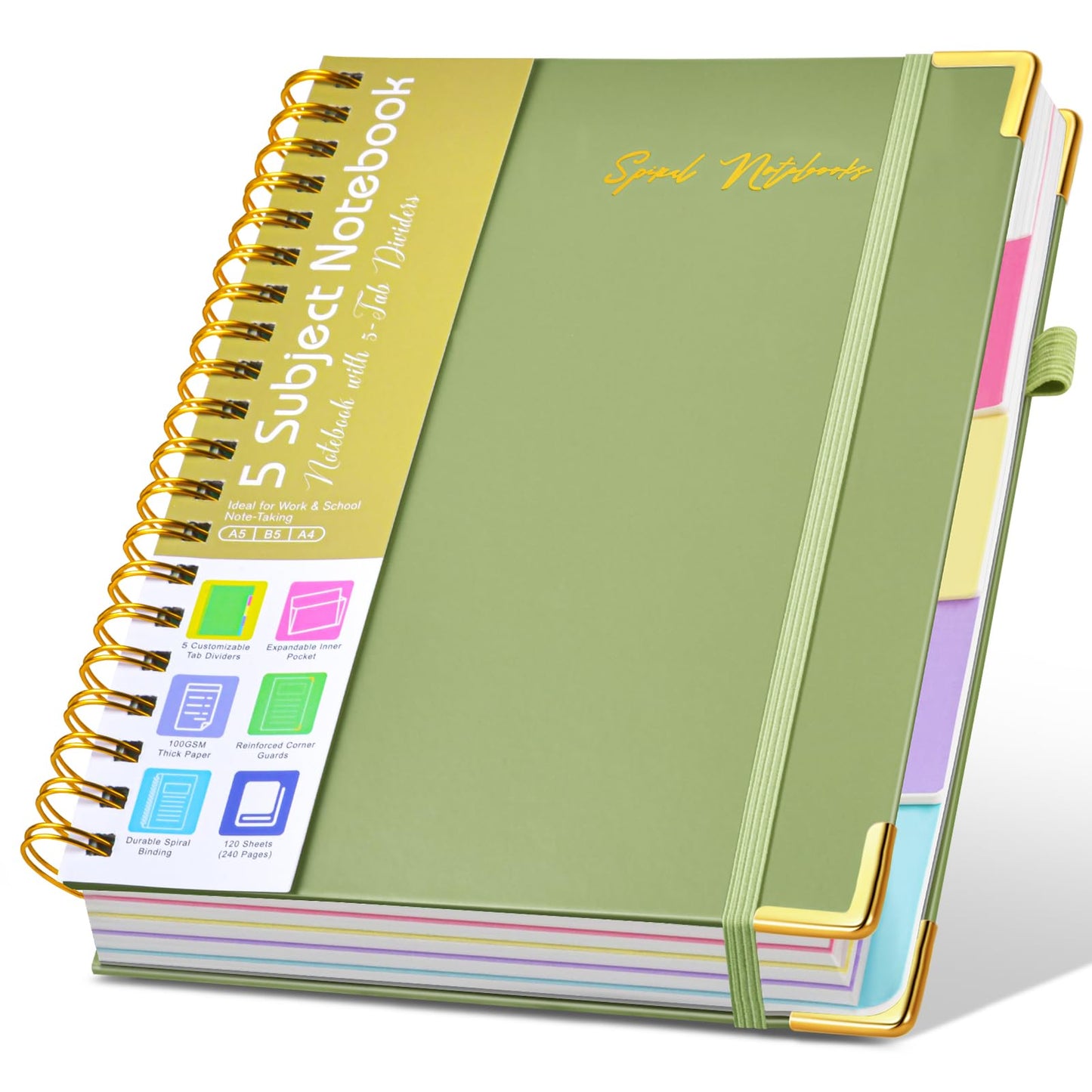 Hardcover Large Spiral Notebook 8.5" x 11" with Removable Dividers Tabs, 300 pages Leather 5 Subject Notebook College Ruled, A4 Journal for Women Men, Notebooks for Work School Note taking,Purple