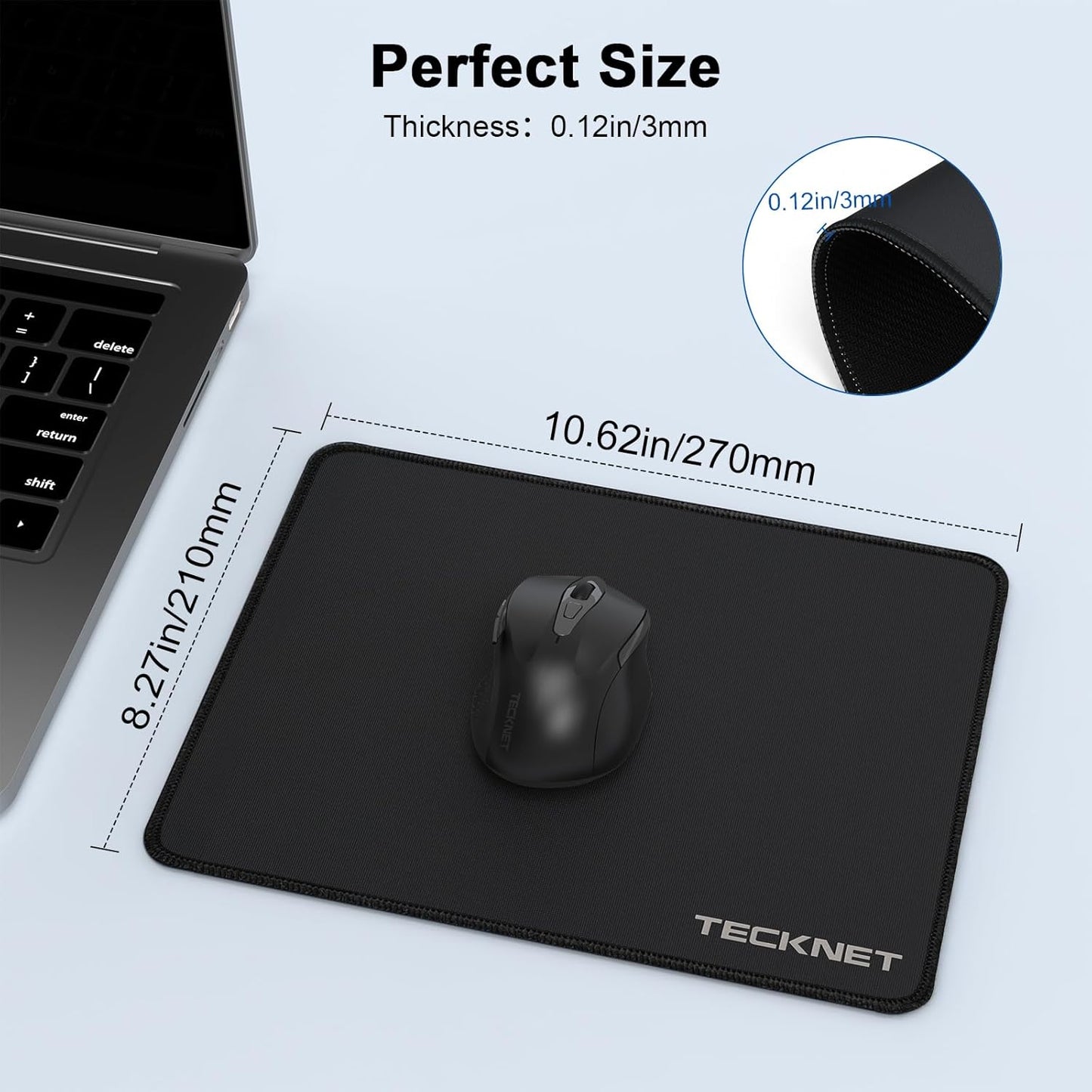 TECKNET 4 Pack Mouse Pad with Durable Anti-fray Stitching, Small Mousepad | Anti-slip Rubber Base, Ultra-smooth Surface, Waterproof Material, Gaming Mouse Mat for Laser and Optical Mice, Black