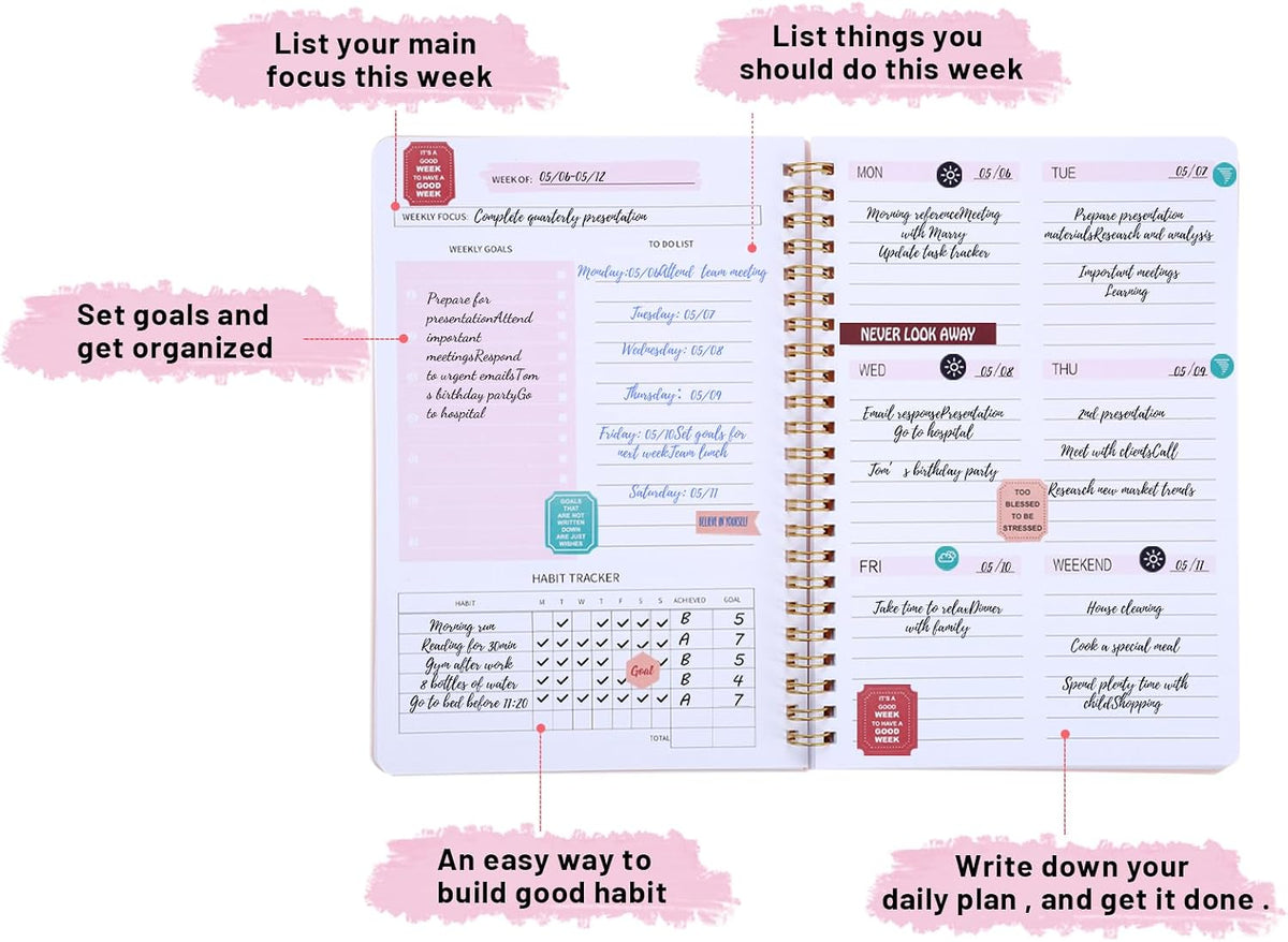 Thboxes A5 Weekly Planner Notebook, 52 Week Undated Journal for Women, Pink | Spiral Binding, Stickers, Planners for Home, Work, Office, College, School Supplies for Girls, Kids, Students, Teachers Gifts