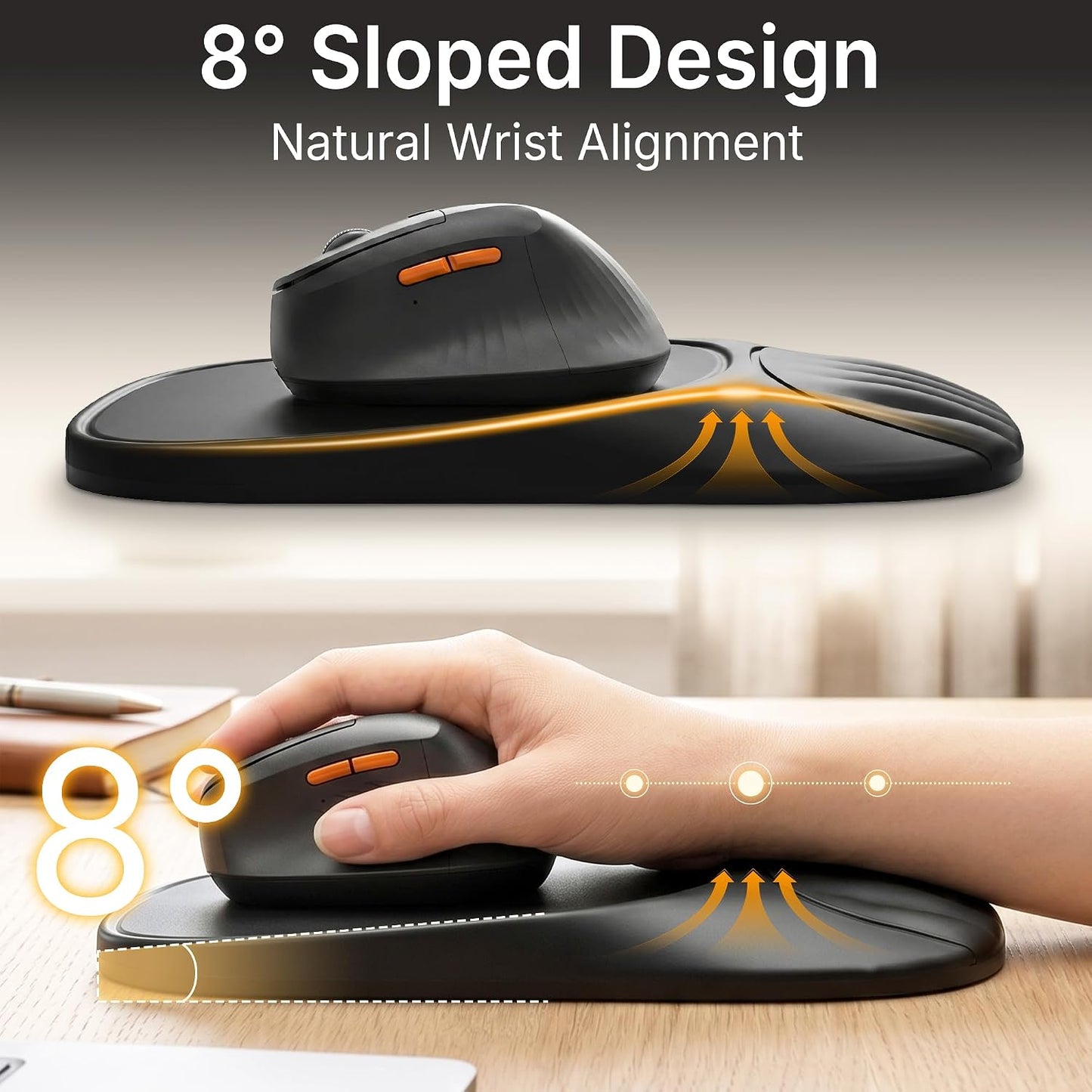Ergonomic Mouse Pad with Wrist Rest, Sloped Memory Foam Mousepad with Wrist Support, Cooling Channels, Non-Slip Base, Smooth Lycra Surface for Office, Gaming & Home Desk (Black)