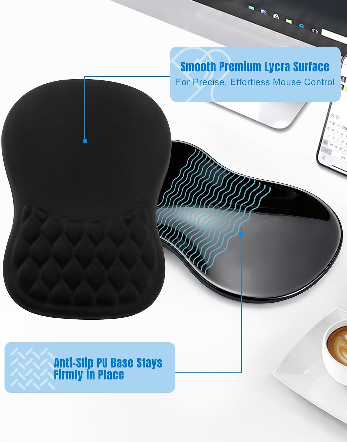 Ergonomic Mouse Pad with Sloped Memory Foam Wrist Rest (Black) | 3D Textured Wrist Cushion, Smooth Lycra Surface, Non-Slip PU Base, Comfortable Support for Office/Home Computer Desks