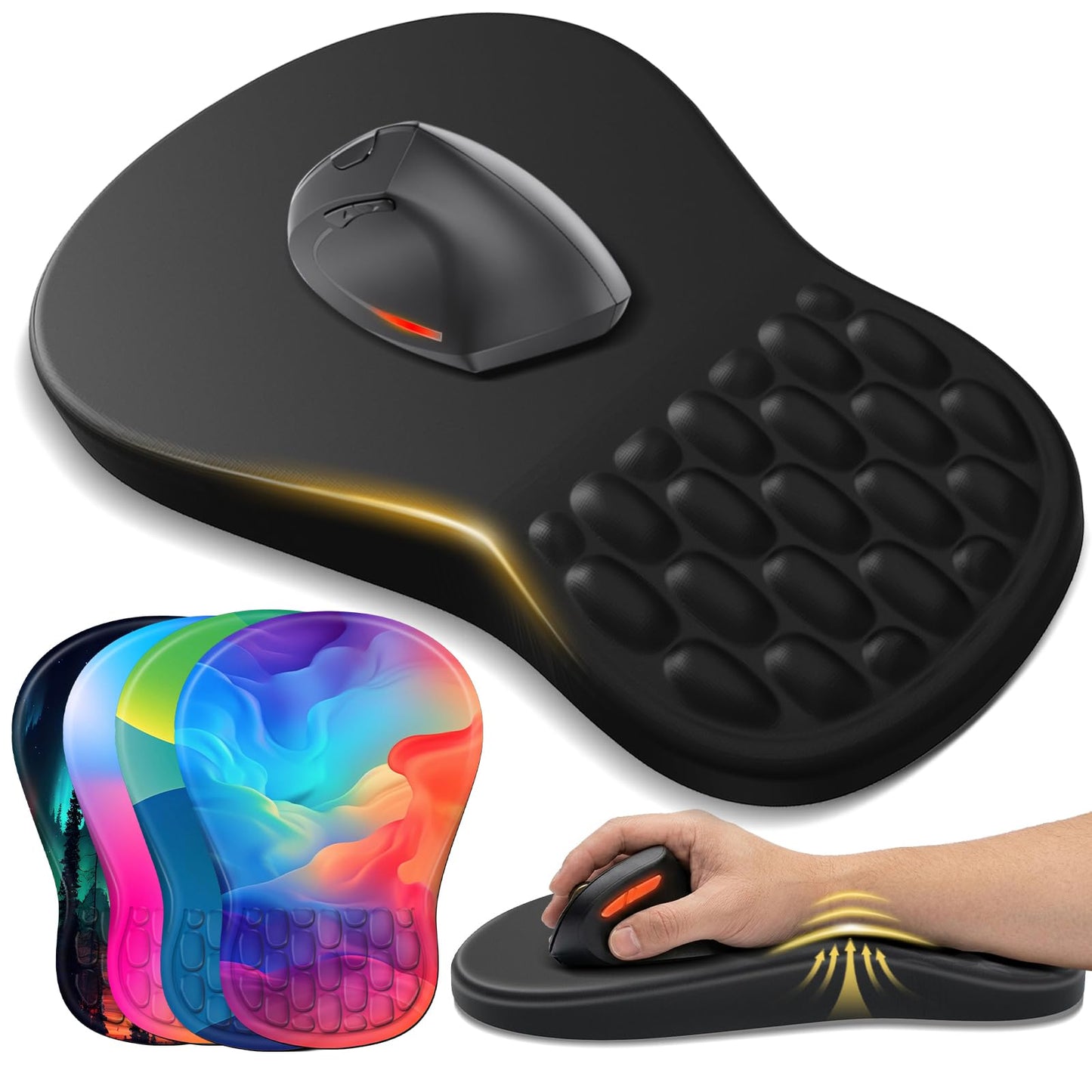 YIWEI Ergonomic Mouse Pad with Wrist Rest for Carpal Tunnel Pain Relief | Memory Foam Wrist Support,Non-Slip Rubber Base, Keyboard Computer Mousepad,Lycra Cloth Surface,Gaming Home Office,Black