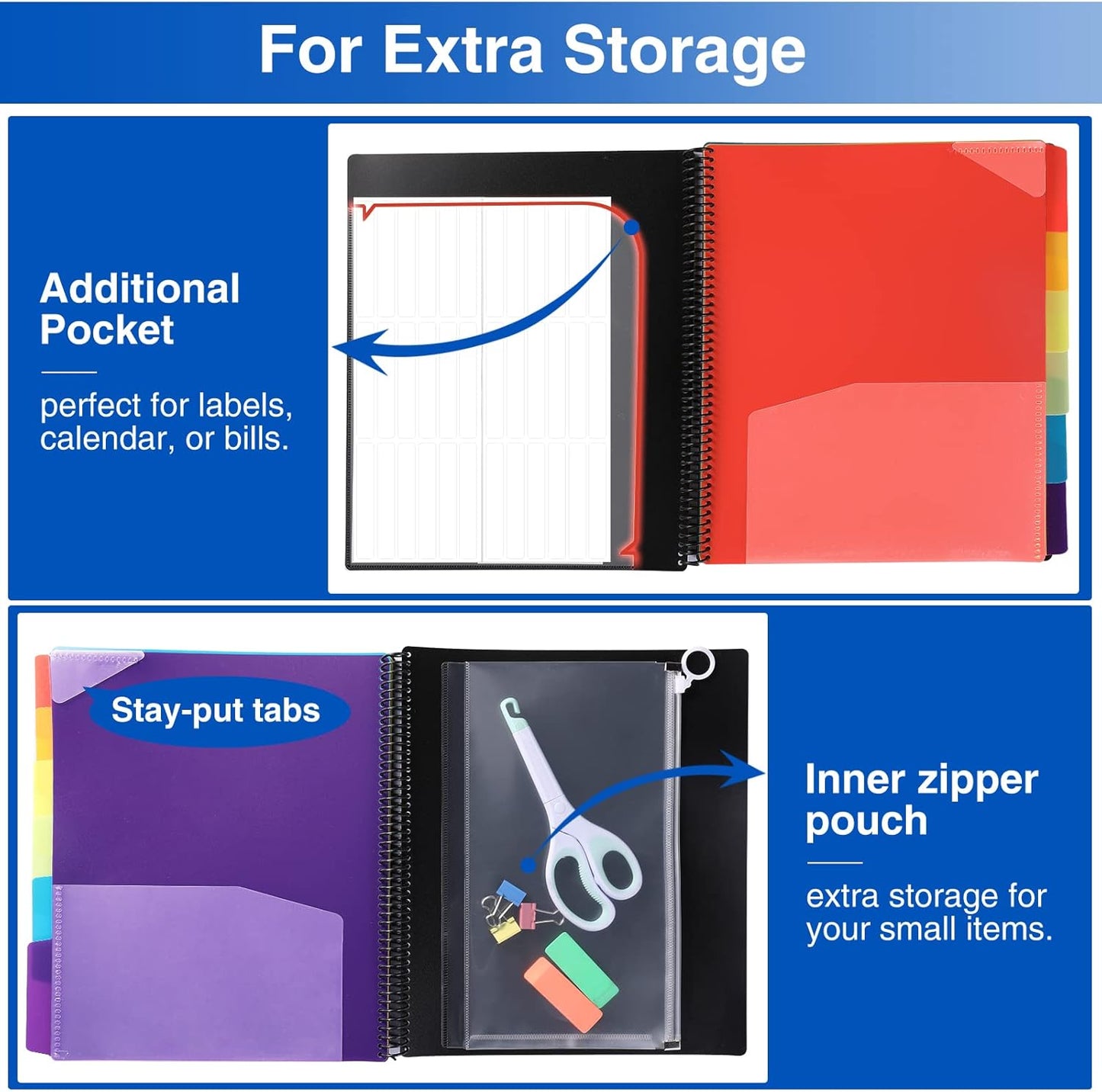 Forvencer 12 Pocket Project Organizer, 1/6-cut Tab Binder Organizer with Sticky Labels, Multi Pocket Folder with Zipper Pouch, Folder Binder Spiral Pocket Notebook, Office Supplies, Letter Size, Black