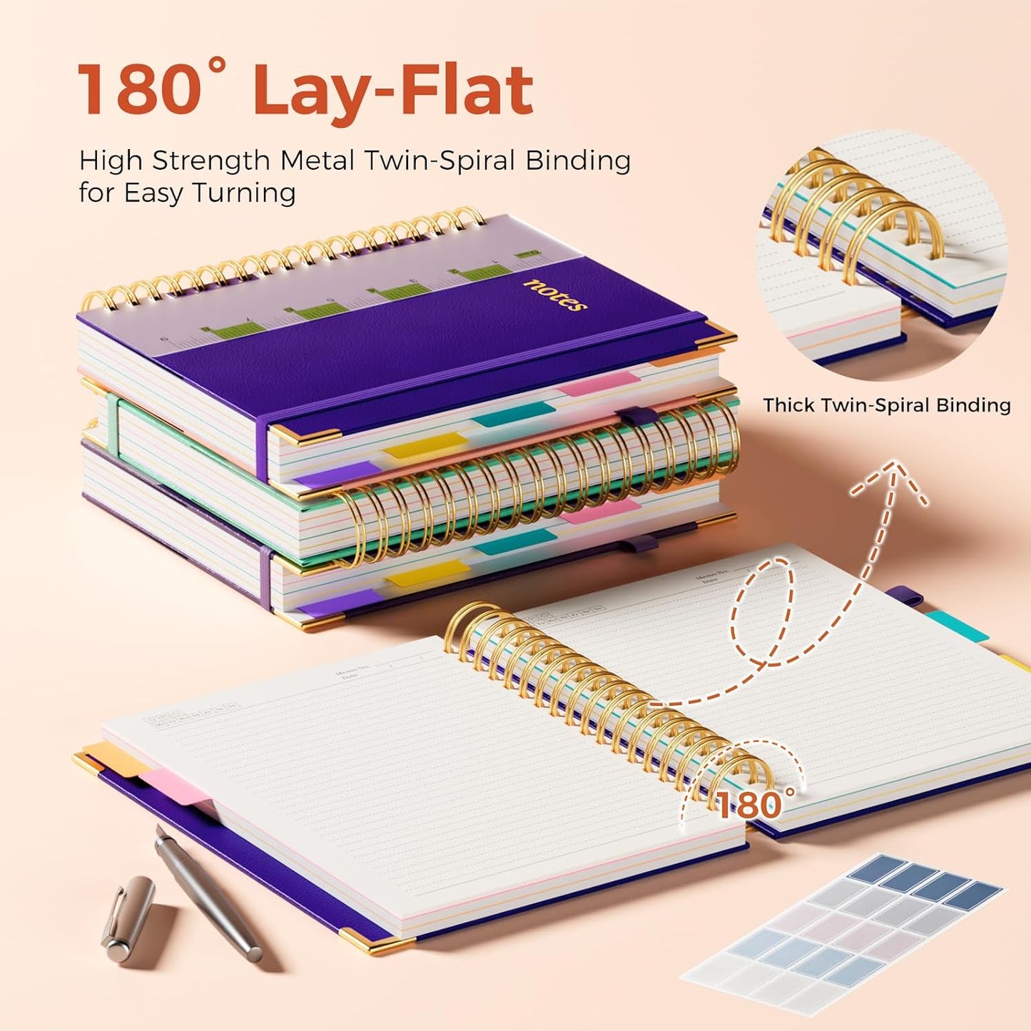 Line Hardcover Spiral Notebook with Removable Dividers Tabs & Ruler, 5 Subject Notebook College Ruled, 300 Page, Large 8"x10" B5 Notebooks for Work School, Lined Journal for Women & Men, Purple