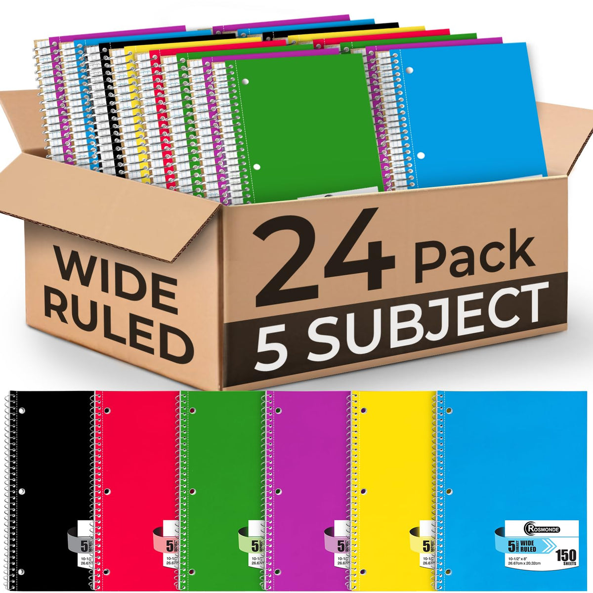 1 Subject Spiral Notebook Bulk, 50 Pack, Wide Ruled, Assorted | Bulk Wide Ruled Notebooks, Thick Paper, 140 Pages (70 Sheets), 8 x 10-1/2", 3 Hole Punched, Bulk Subject Notebook For School