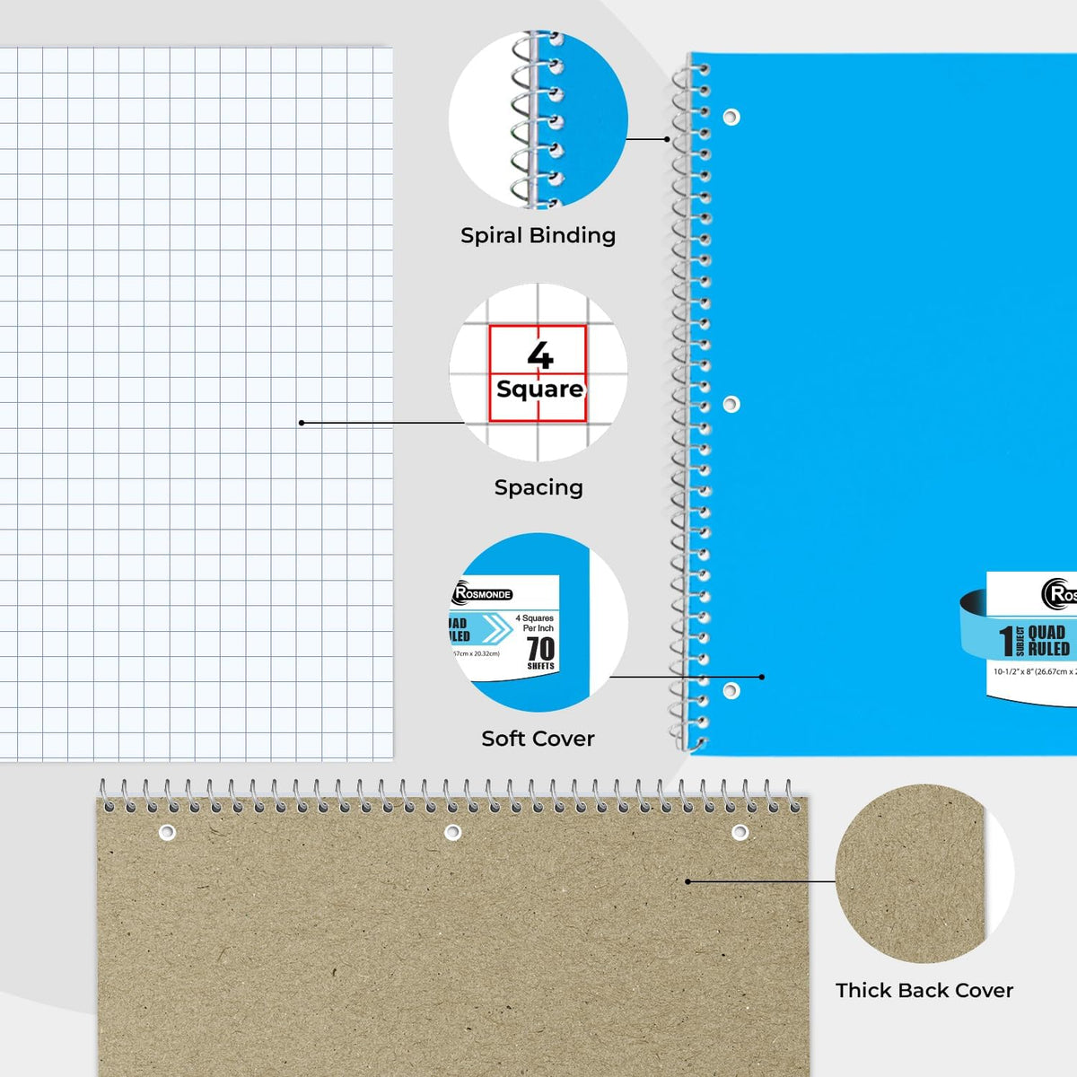 1 Subject Graph Paper Spiral Notebook, 12 Pack, 70 Sheets | Bulk 4x4 Spiral Bound Grid Notebooks, 8 x 10-1/2", 3 Hole Punched, Single Subject Quad Ruled Spiral Notebooks for School
