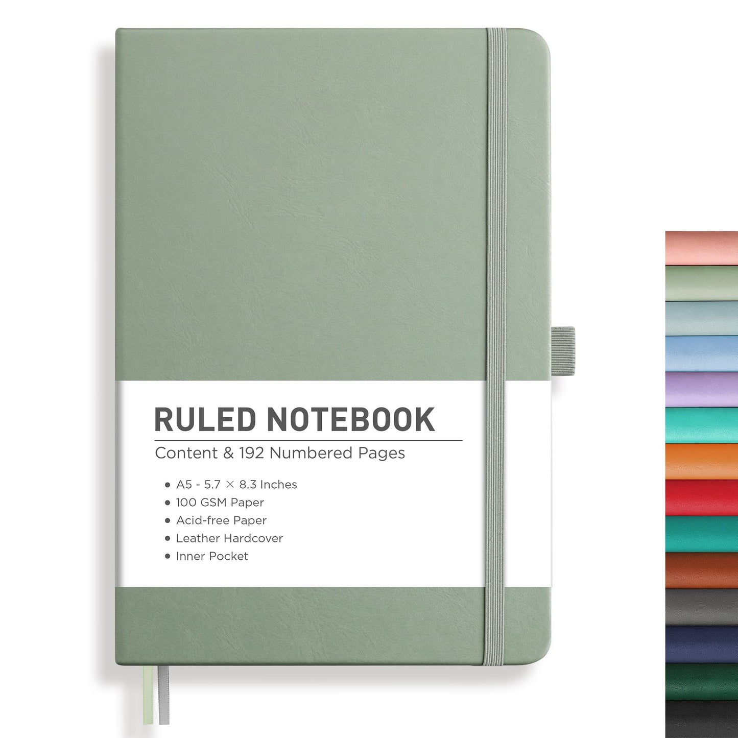 RETTACY Graph Grid Paper Notebook, 192 Pages, A5 Size (5.7'' x 8.3'') | 5 Squares per Inch, Leather Hardcover, 100 GSM Thick Paper, for School, Students, Math, Engineering (Light Green)