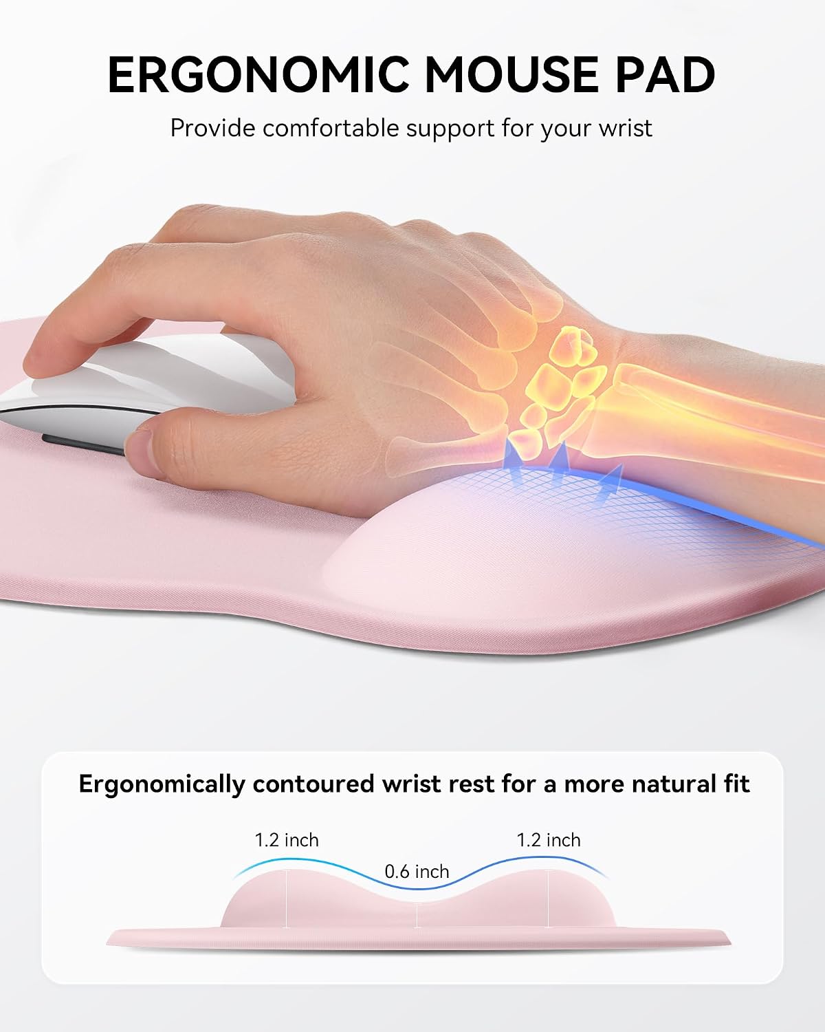 Mouse Pad with Wrist Rest for Desktop Large Ergonomic Mouse Mat(Light Pink) | 10.6''L x 9''W Size, Gel Wrist Support, Non-slip Base, Washable Surface, Laptop Mousepad