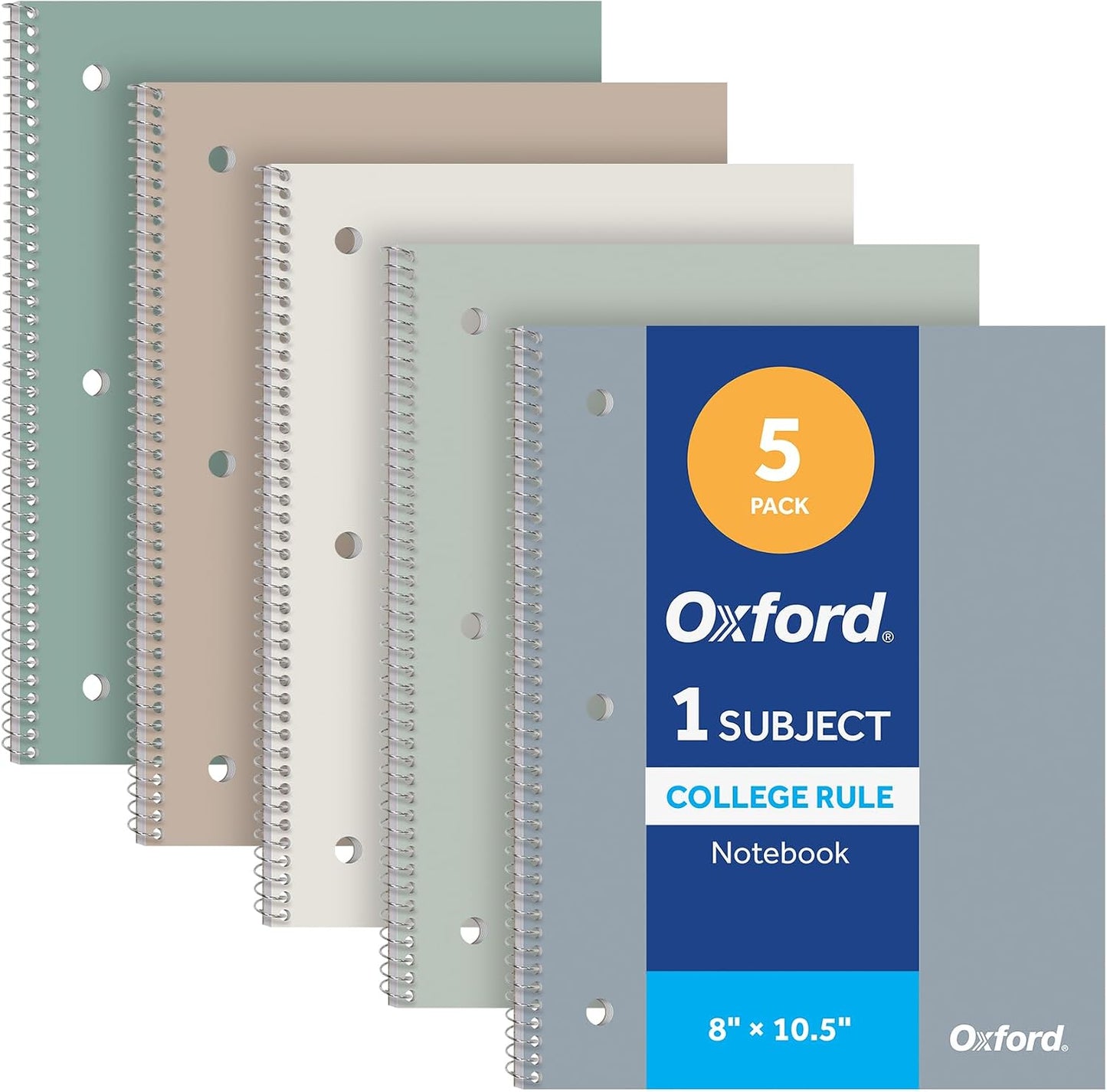 Oxford Spiral Notebooks, 5 Pack, College Ruled, 70 Sheets, Earthtone Covers | 3 hole punched to fit any binder. Perforated sheets tear out easily. Color coded covers. One notebook per subject.
