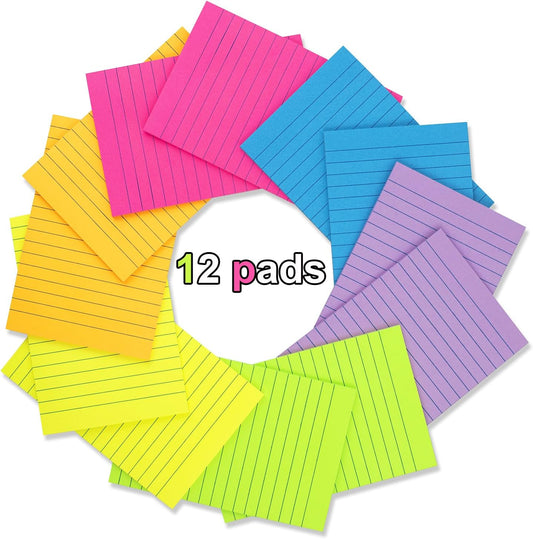 (12 Pack) Lined Sticky Notes 4x6 in,Bright Large Notepads with Lines | Ruled Stickies Super Sticking Power,Office School Memo Note Pads,Post on Windows Doors,Recyclable,Easy to Write on