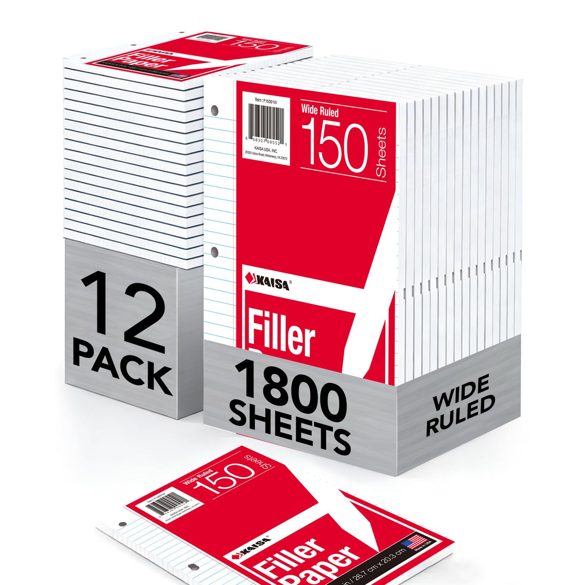 Kaisa Graph Paper Filler Paper USA-Made Bulk Wholesale Available 3 Pack 4x4 Quad Rule 3-Hole Punched Loose Leaf Paper 8x10.5 Filler Paper for 3-Ring Binder, 150 Sheets/Pack