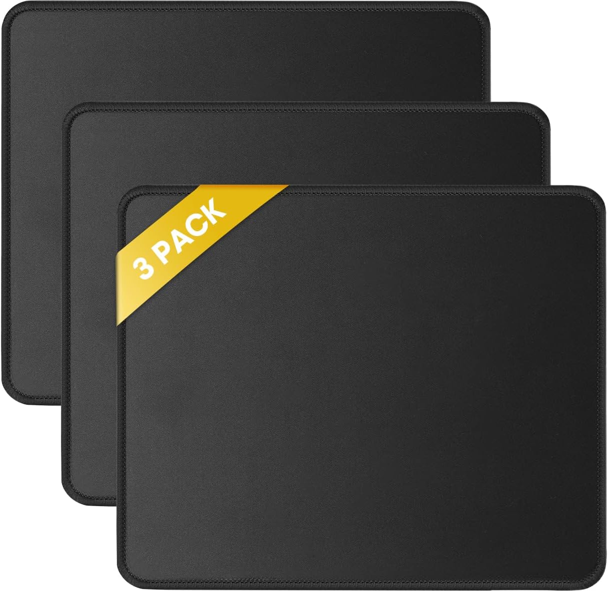 JIKIOU 3 Pack Mouse Pad with Stitched Edge, Perfect Size 10.2x8.3in Black | Anti-Fray, Comfortable Smooth Lycra Surface, Non-Slip Rubber Base, Machine Washable Fade-resistant, Compatible with All Mice