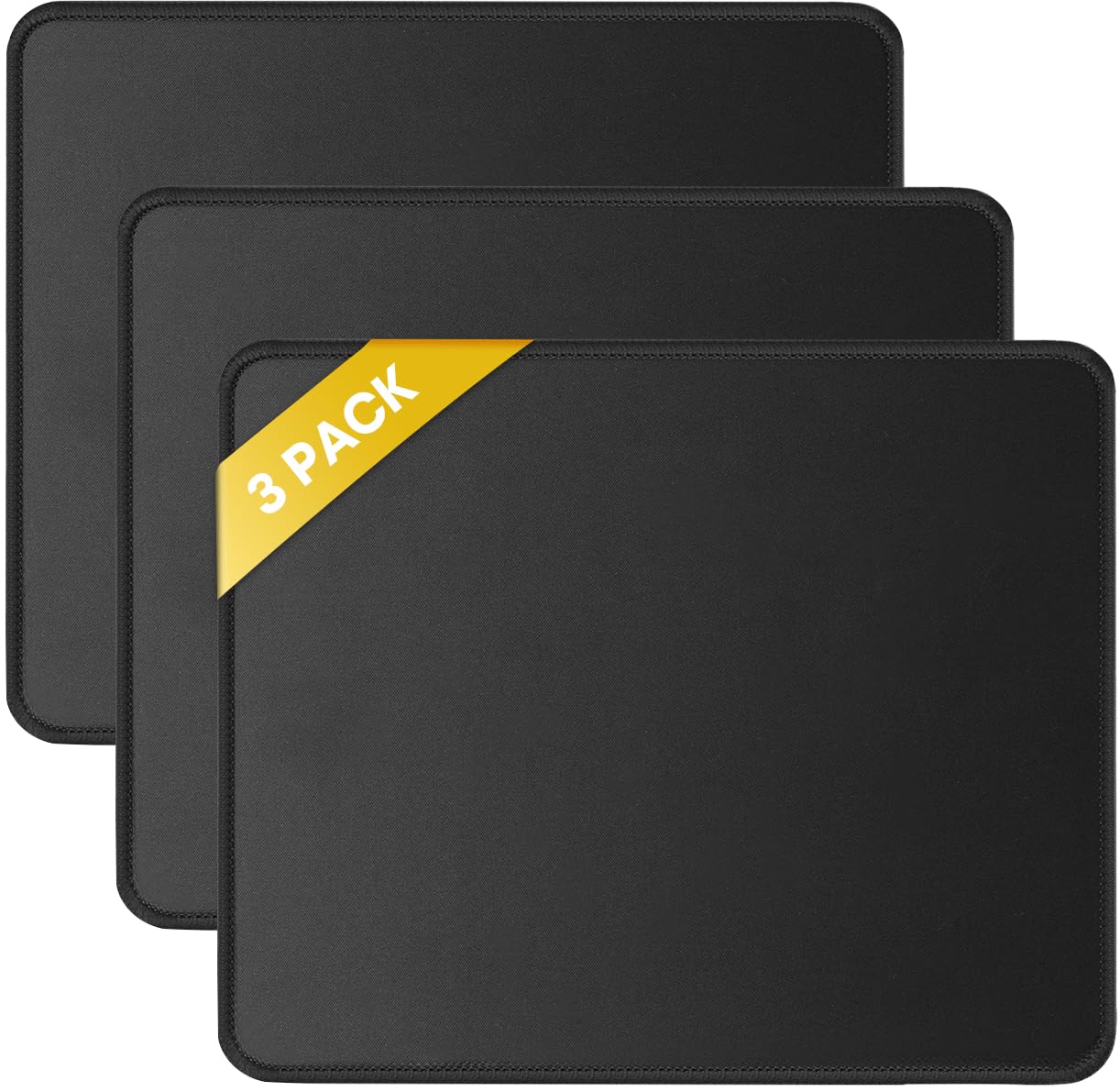 JIKIOU 3 Pack Mouse Pad with Stitched Edge, Perfect Size 10.2x8.3in Black | Anti-Fray, Comfortable Smooth Lycra Surface, Non-Slip Rubber Base, Machine Washable Fade-resistant, Compatible with All Mice