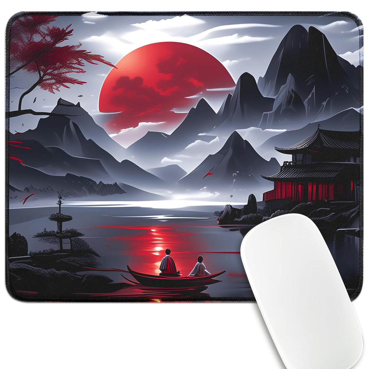FreeNook Large Gaming Mouse Pad, Anime Black Mousepad with Stitched Edges, Expanded Cool Desk Mat, Japanese Red Moon XL Keyboard Mat Suitable for Home Office,31.5 X 11.8 Inch
