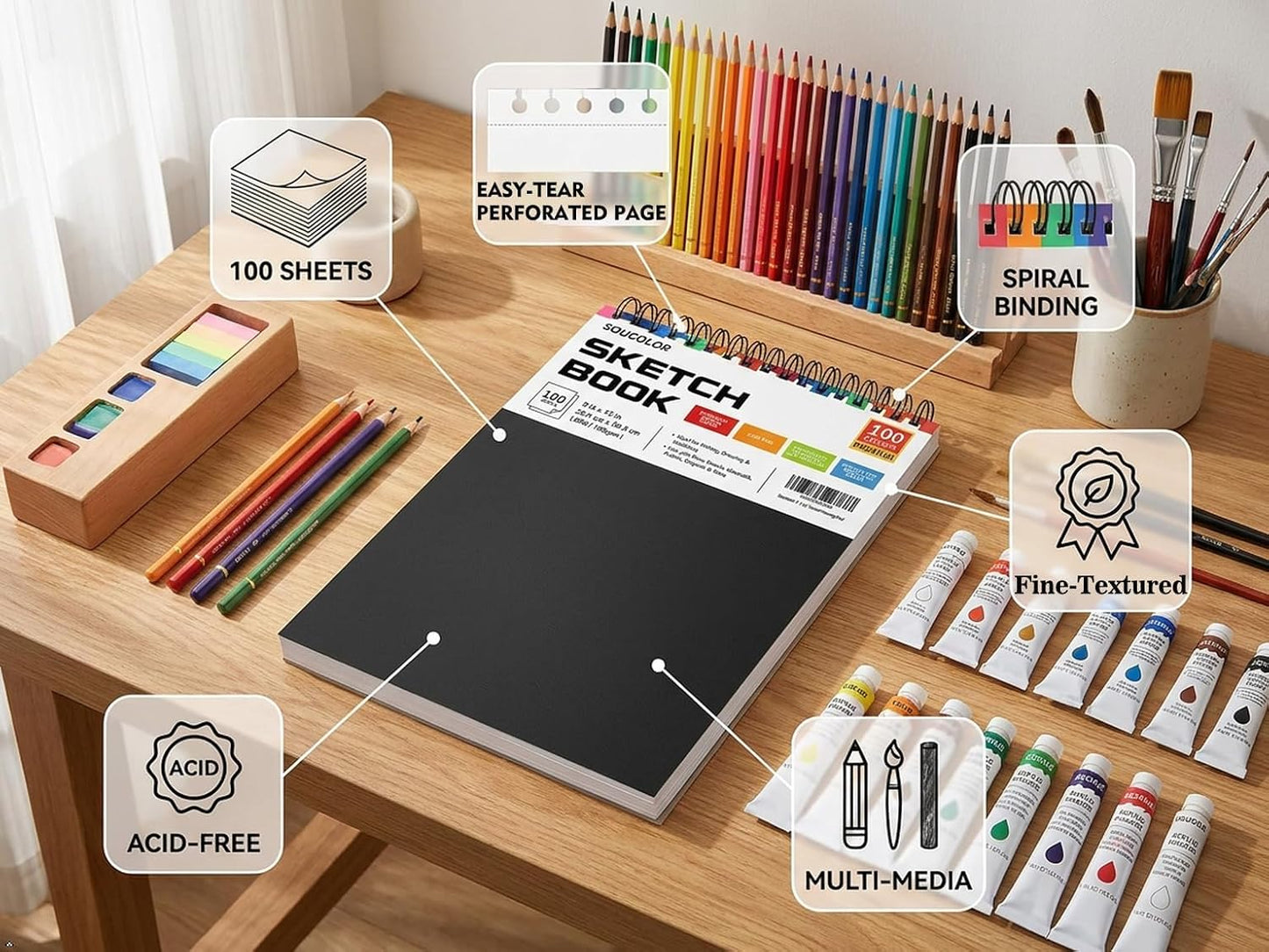 Soucolor Sketch Book 9" x 12", 100 Sheets Kids Art Sketchbook Drawing Pad | 68lb Acid-Free, Fine-Texture Paper, Top Spiral for Lay-Flat, Gift for Teens Girls Boys Beginners Adults, School Art Supplies