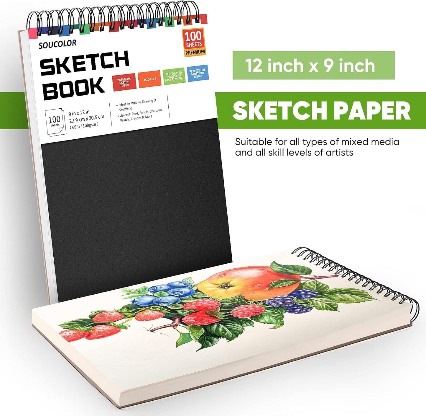 Soucolor Sketch Book 9" x 12", 100 Sheets Kids Art Sketchbook Drawing Pad | 68lb Acid-Free, Fine-Texture Paper, Top Spiral for Lay-Flat, Gift for Teens Girls Boys Beginners Adults, School Art Supplies