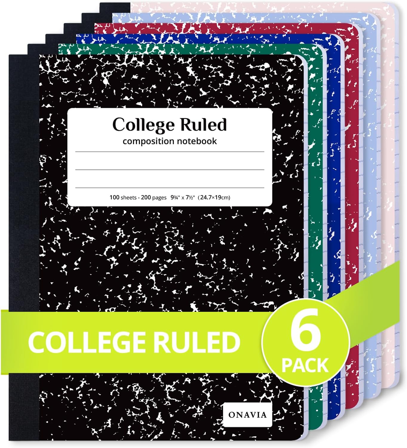 ONAVIA Composition Notebook College Ruled 6 Pack, 200 Pages, Assorted | 100 ct, 9.75 x 7.5 in, Durable Comp Book, School Notebooks, Students, Note Taking, Writing, Teachers