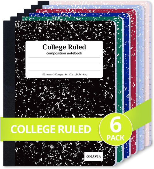 ONAVIA Composition Notebook College Ruled 6 Pack, 200 Pages, Assorted | 100 ct, 9.75 x 7.5 in, Durable Comp Book, School Notebooks, Students, Note Taking, Writing, Teachers