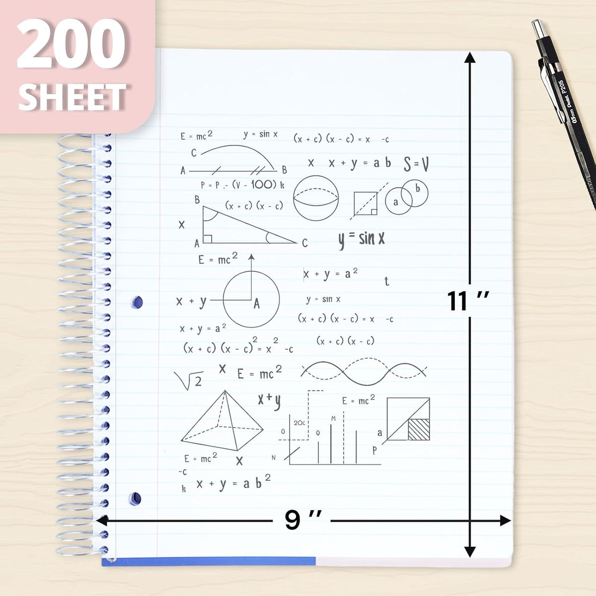 ONAVIA Pink 5 Subject Spiral Notebook College Ruled, 400 Pages | 200 Sheets, 9 x 11 in, 6 Pack Waterproof Plastic Cover, Durable, School Notebooks, Classroom, Teachers