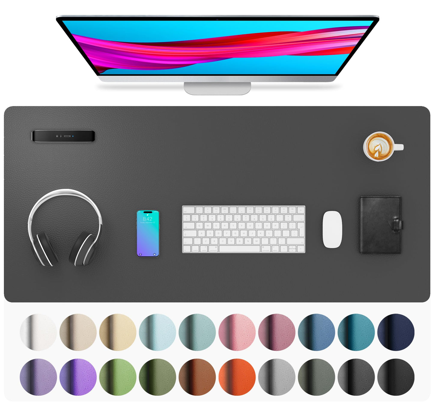 Aothia Non-Slip Waterproof PU Leather Desk Pad Protector for Mouse, Writing Desk, Office, Home, Laptop Blotter, 23.6" x 13.7", Black