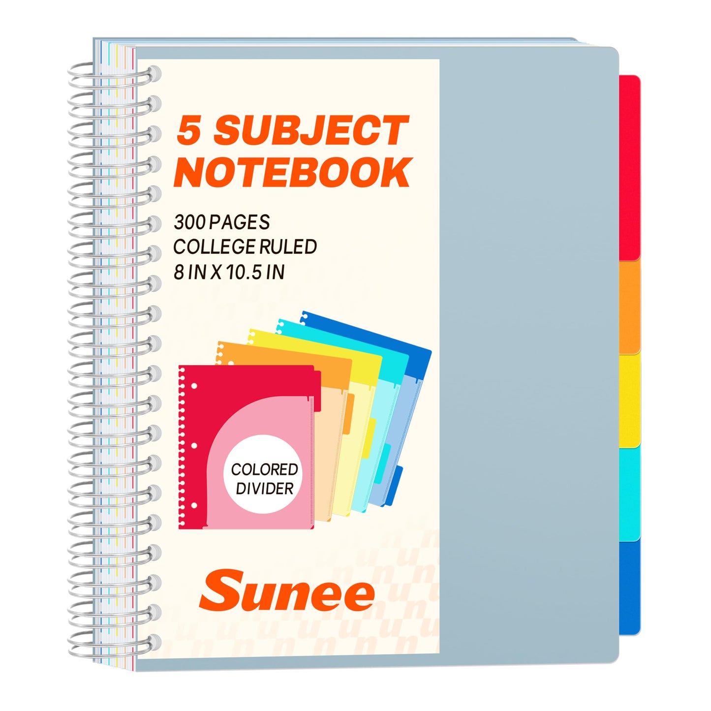 SUNEE Spiral Notebooks for Work with Removable Dividers & Tabs – College Ruled 5 Subject, 300 Pages, 3 Hole Punched, Durable PP Cover, 8"x10.5" – Notebooks for Office or School, Black