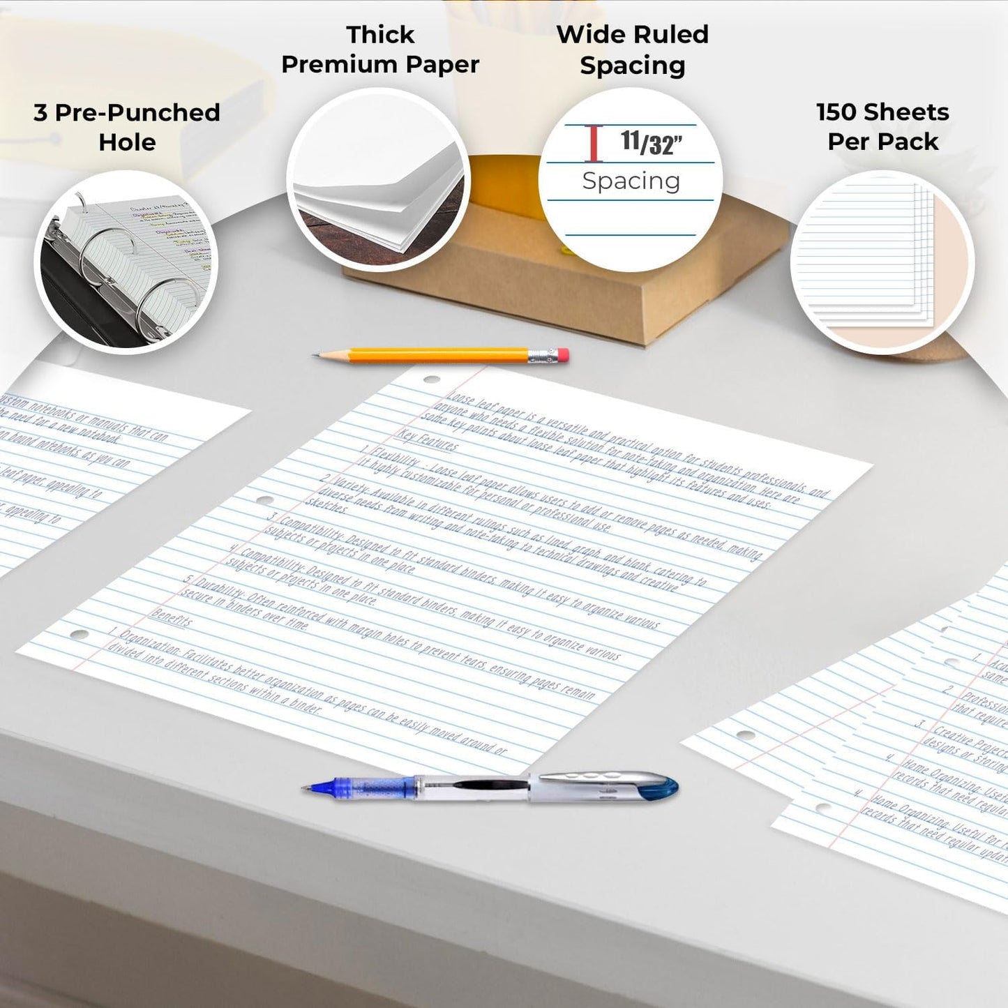 450 Sheets Loose Leaf Paper, 3 Pack, Wide Ruled Filler Paper | Bulk Office Filler Paper, 8" x 10.5", 3 Hole Punched, 150 Sheets/Pack, Wide Ruled Notebook Paper for Binder, White